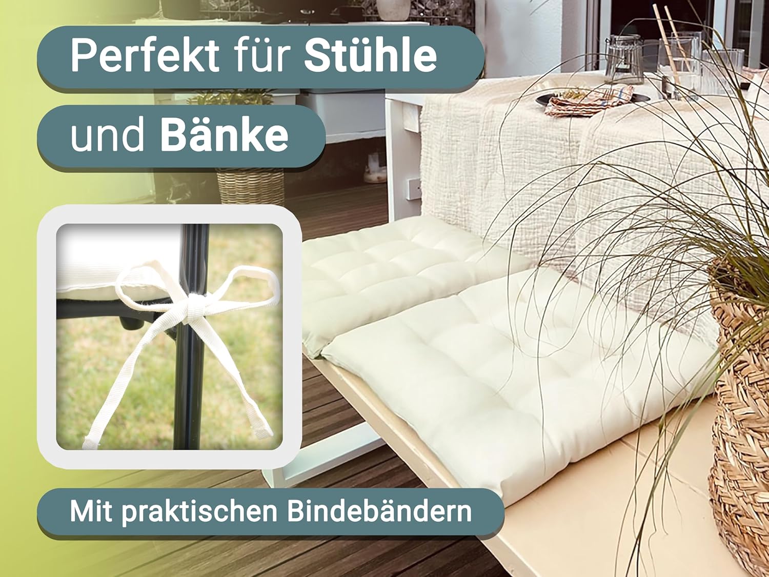 Zollner 4er-Set Stuhlkissen mit Bändern, 40 x 40 cm, Creme – Bild 2