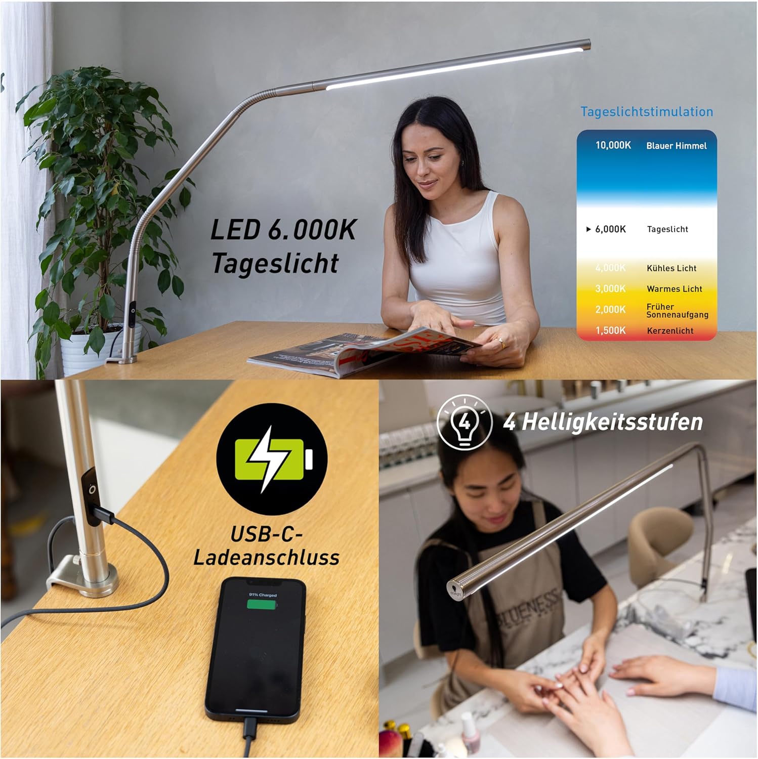 Daylight Slimline 4 LED-Tischlampe – 6000 K, 3200 Lux, 4 Helligkeitsstufen, USB-C-Ladeanschluss, blendfreier Diffusor, verstellbare Schreibtischlampe für Kunst, Handwerk, gebürsteter Stahl – Bild 5