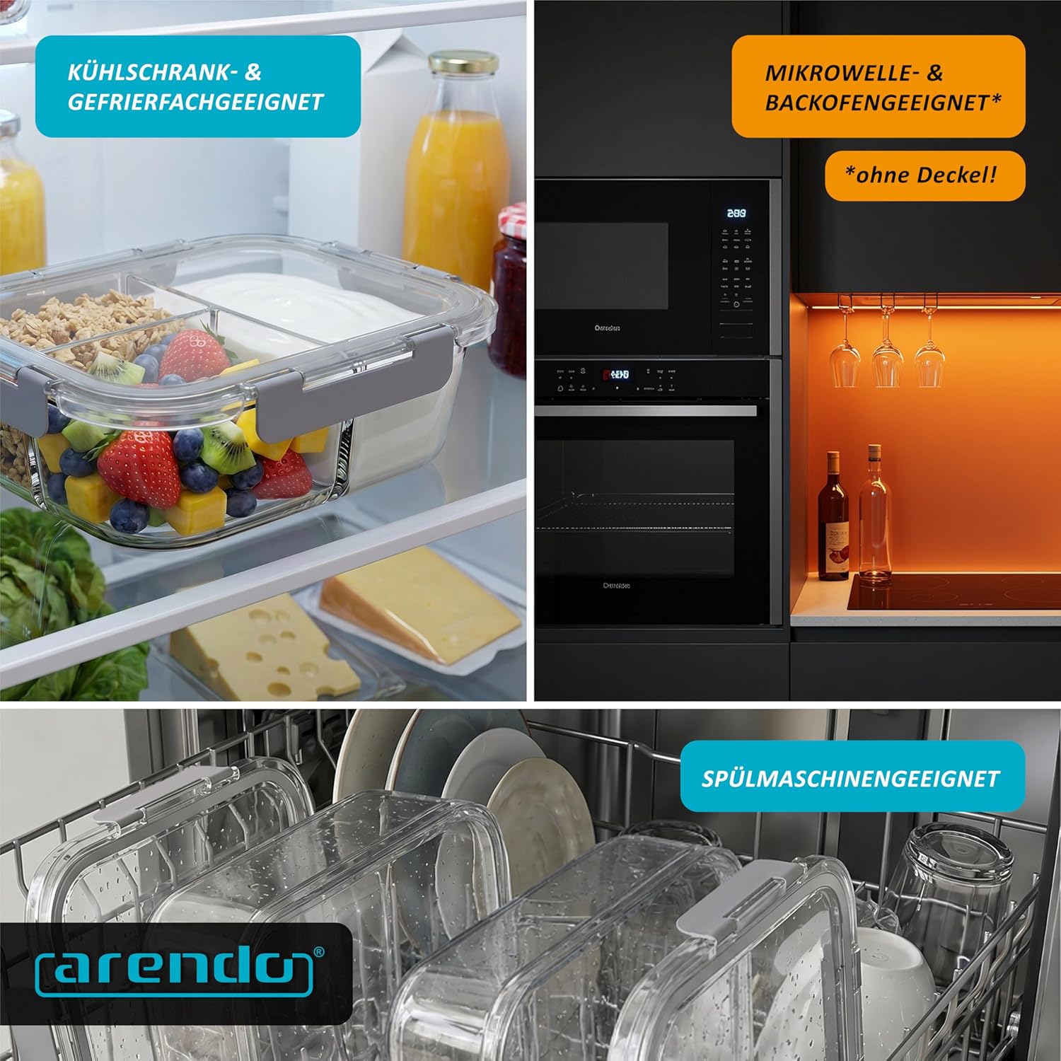 Arendo - Frischhaltedosen aus Glas für Lebensmittel mit luftdichtem Deckel - 2 Fächer - 2er-Set - 1500 ml - für Mikrowelle und Gefrierschrank - spülmaschinenfest - Lunchboxen, Meal-Prep-Boxen – Bild 6