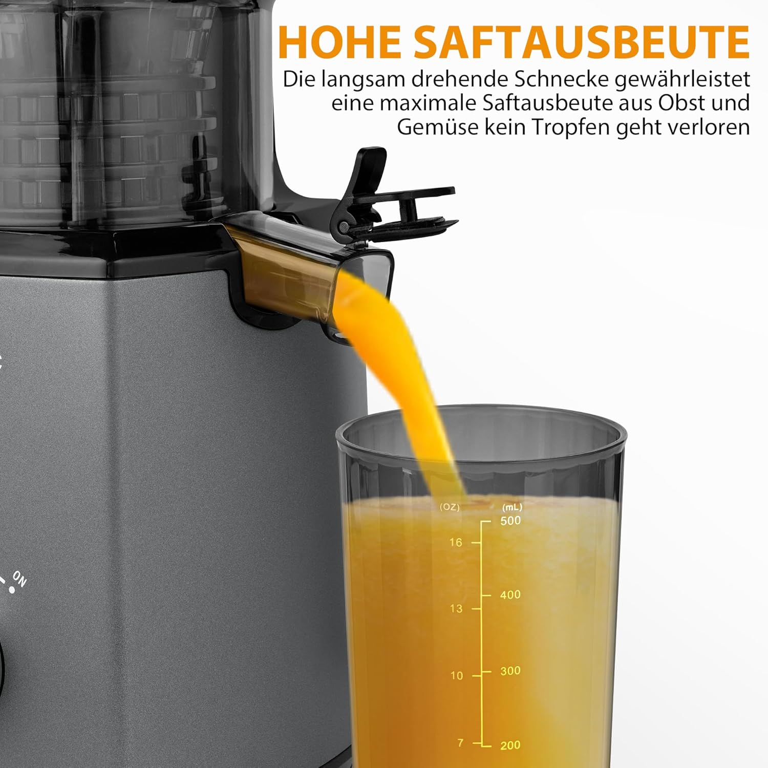 PUKOMC Kaltpress-Entsafter mit 14,7 cm (5,8 Zoll) Schlitz – Slow Juicer für ganze Früchte und Gemüse, 1,8-Liter-Behälter, 300 W, inklusive Reinigungsbürste und Auffangbecher, Grau – Bild 7