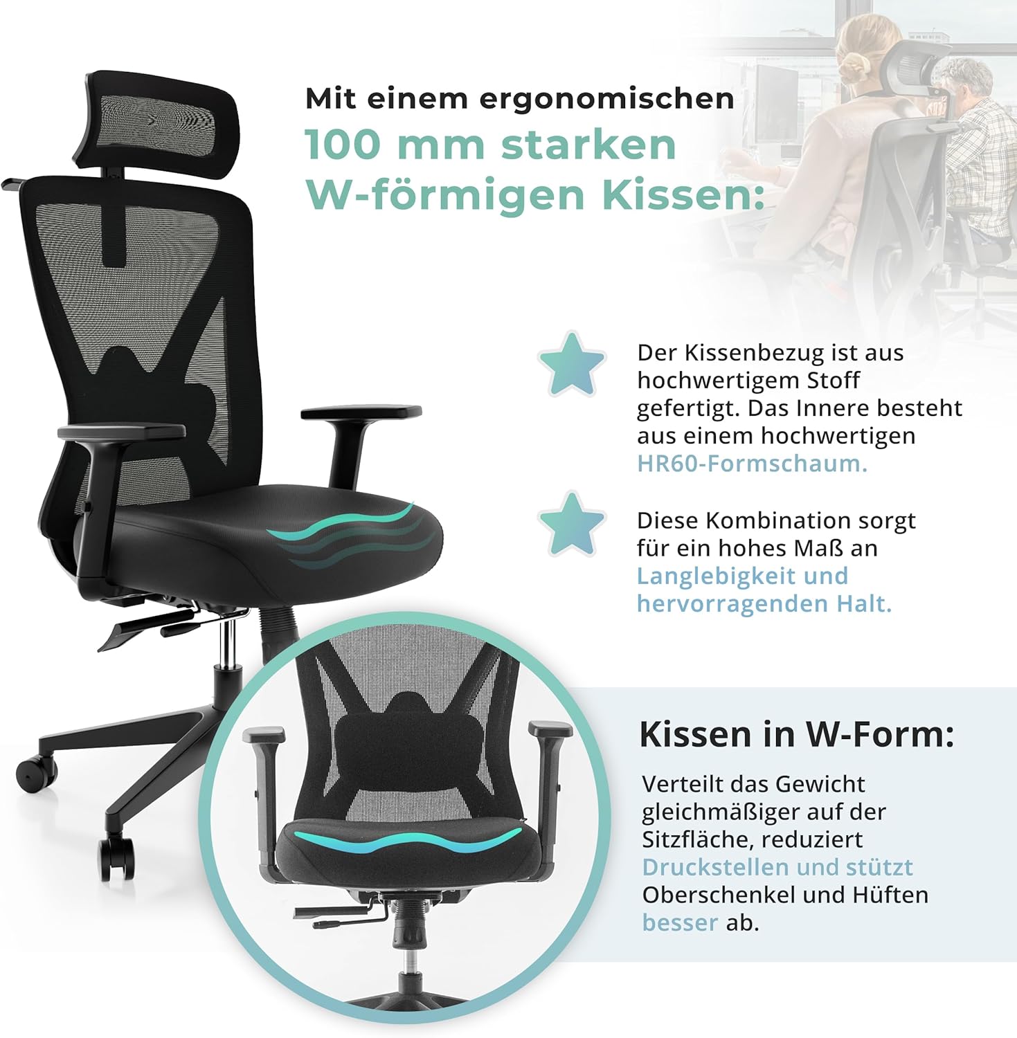 Backerz Ergonomischer Bürostuhl – Bürostühle 150 kg, TÜV & NEN 1335 zertifiziert – Büro-Schreibtischstuhl – Ergonomischer Bürostuhl – Computerstuhl höhenverstellbar & rückenfreundlich – Schwarz – Bild 6