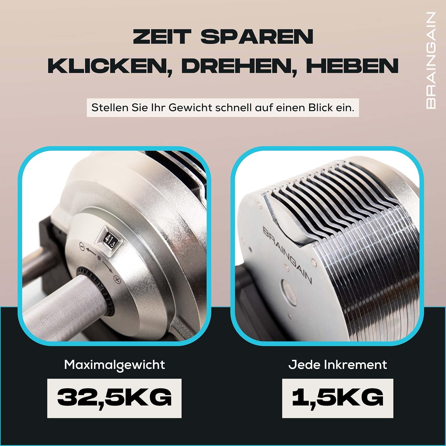 Verstellbares Hantelset von BRAINGAIN 23,5 kg / 32,5 kg / 41,5 kg – Jetzt mit 34 mm Gen 4-Griff – Gewichte in 1 Sekunde wechseln – Platzsparendes Homegym – Mehrere Gewichte in einem – Chrom/Schwarz – Bild 4