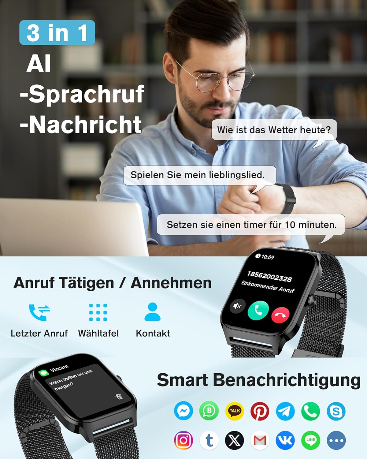 KALINCO Smartwatch Herren Damen Blutdruckuhr mit Bluetooth-Telefonie, AI Fitness Tracker mit Herzfrequenz SpO2 Stress, 100+ Sportmodi, Fitnessuhr, Weltuhr, Schlafanalyse, Geschenkideen für iOS Android – Bild 4