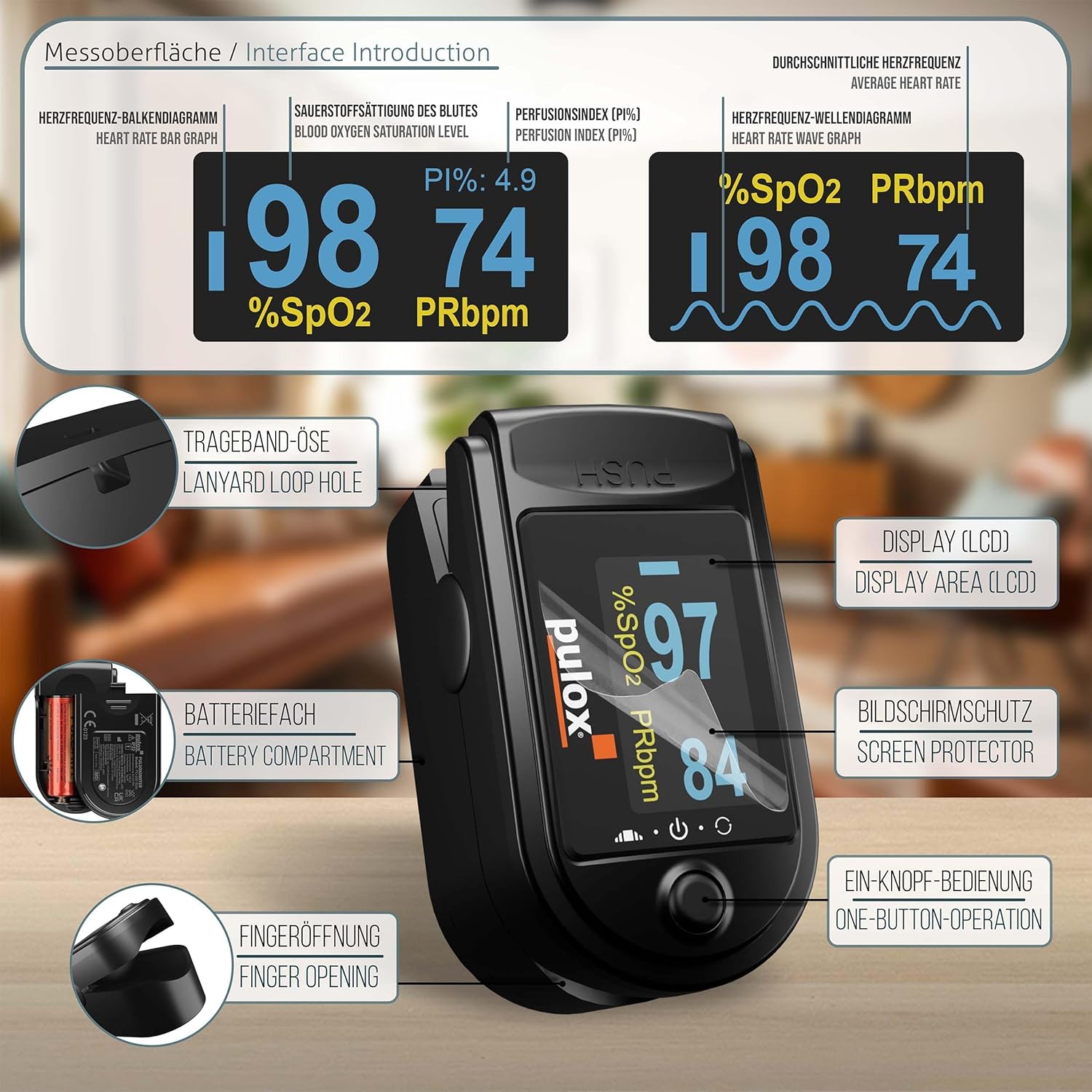 Pulsoximeter PULOX PO-200 Solo Fingerpulsoximeter zur Messung von Puls und Sauerstoffsättigung am Finger | Mit Präzisionsanzeige zur zuverlässigen Kontrolle von Sauerstoffsättigung, Herzfrequenz und Perfusionsindex – Bild 2