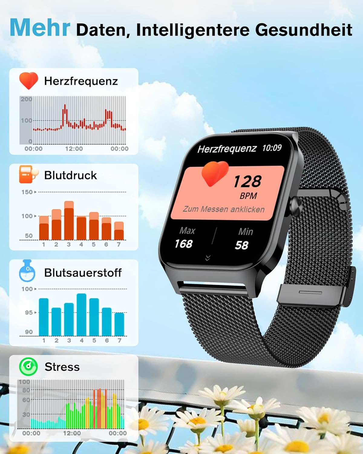KALINCO Smartwatch Herren Damen Blutdruckuhr mit Bluetooth-Telefonie, AI Fitness Tracker mit Herzfrequenz SpO2 Stress, 100+ Sportmodi, Fitnessuhr, Weltuhr, Schlafanalyse, Geschenkideen für iOS Android – Bild 5