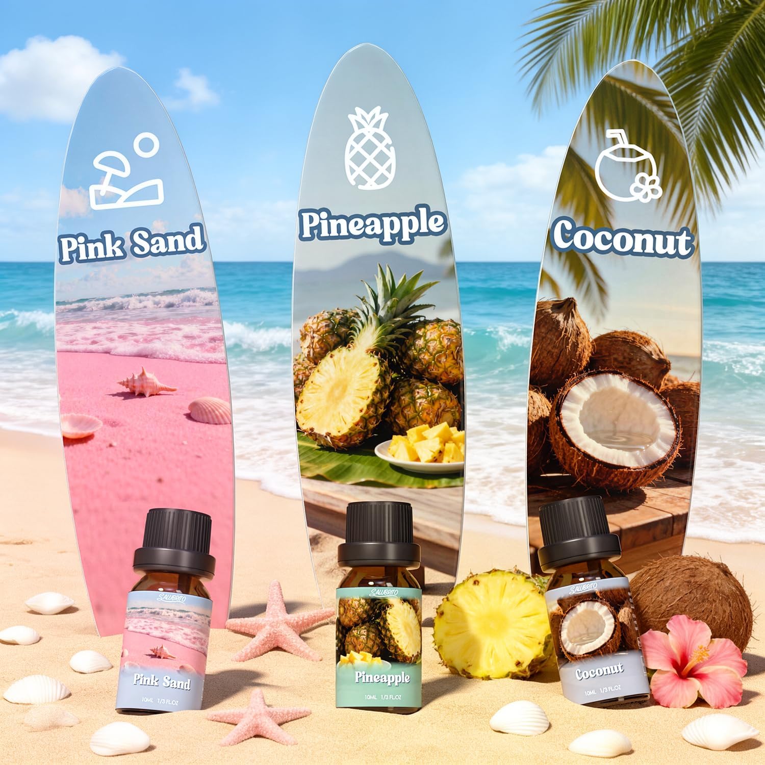 SALUBRITO Set mit ätherischen Sommerölen, Aromatherapie-Duftöl für Diffusor, Kerzenherstellung, Meeresbrise, rosa Insel, tropischer Mojito, frische Baumwolle, Ananas, Kokosnuss, Geschenkset für Frauen – Bild 4