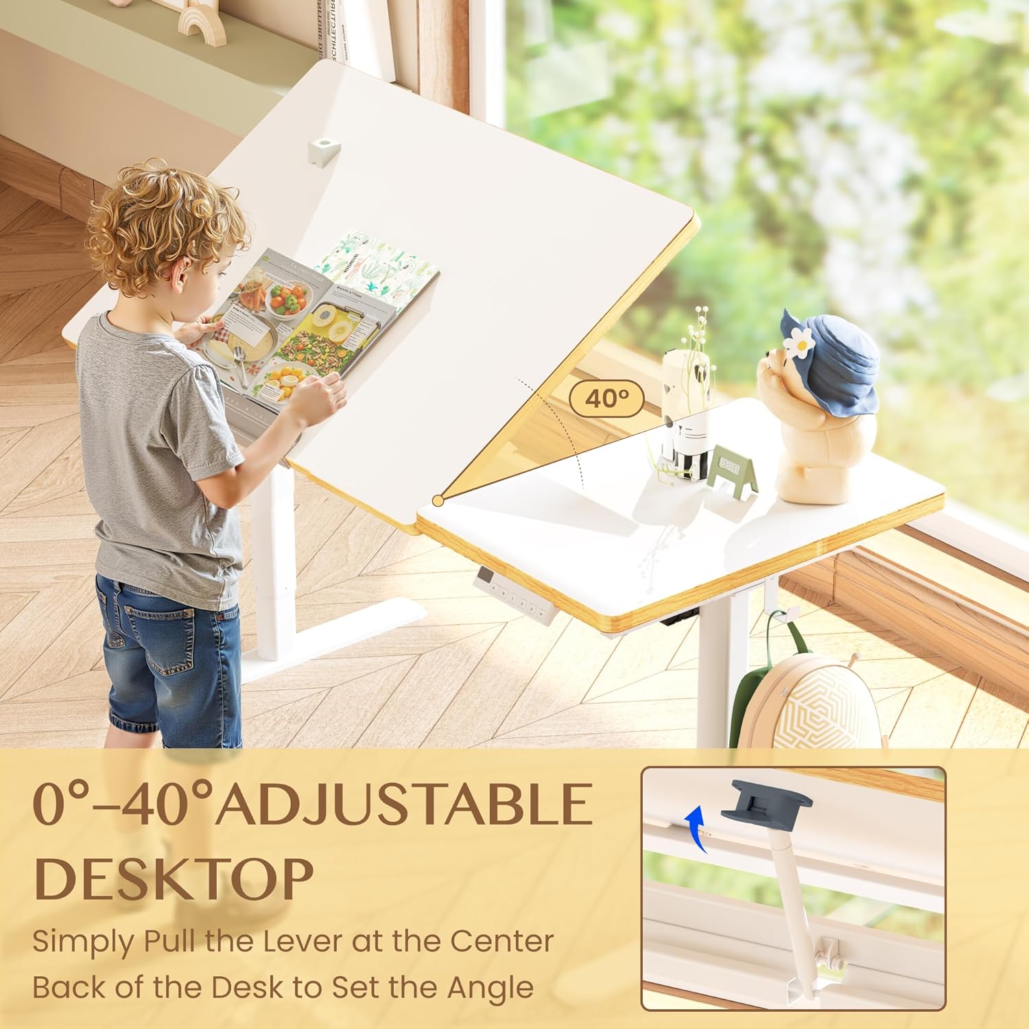FLEXISPOT Kinderschreibtisch, elektrisch höhenverstellbarer Schreibtisch mit neigbarer Tischplatte, für Kinder ab 6 Jahren, mit LED-Höhenanzeige, 3 Speicherplätzen, Kindersicherung, 110 x 52 cm – Bild 6