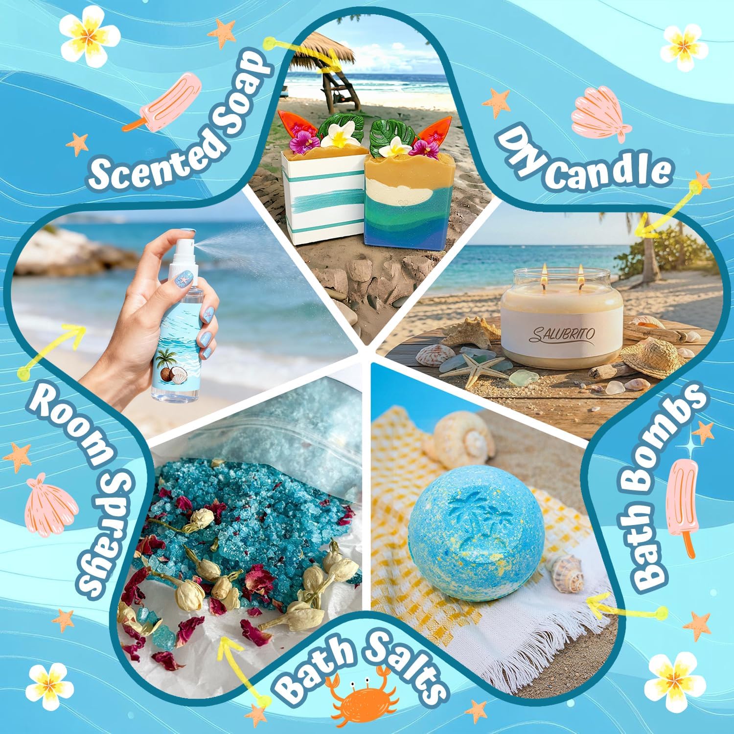 SALUBRITO Set mit ätherischen Sommerölen, Aromatherapie-Duftöl für Diffusor, Kerzenherstellung, Meeresbrise, rosa Insel, tropischer Mojito, frische Baumwolle, Ananas, Kokosnuss, Geschenkset für Frauen – Bild 7