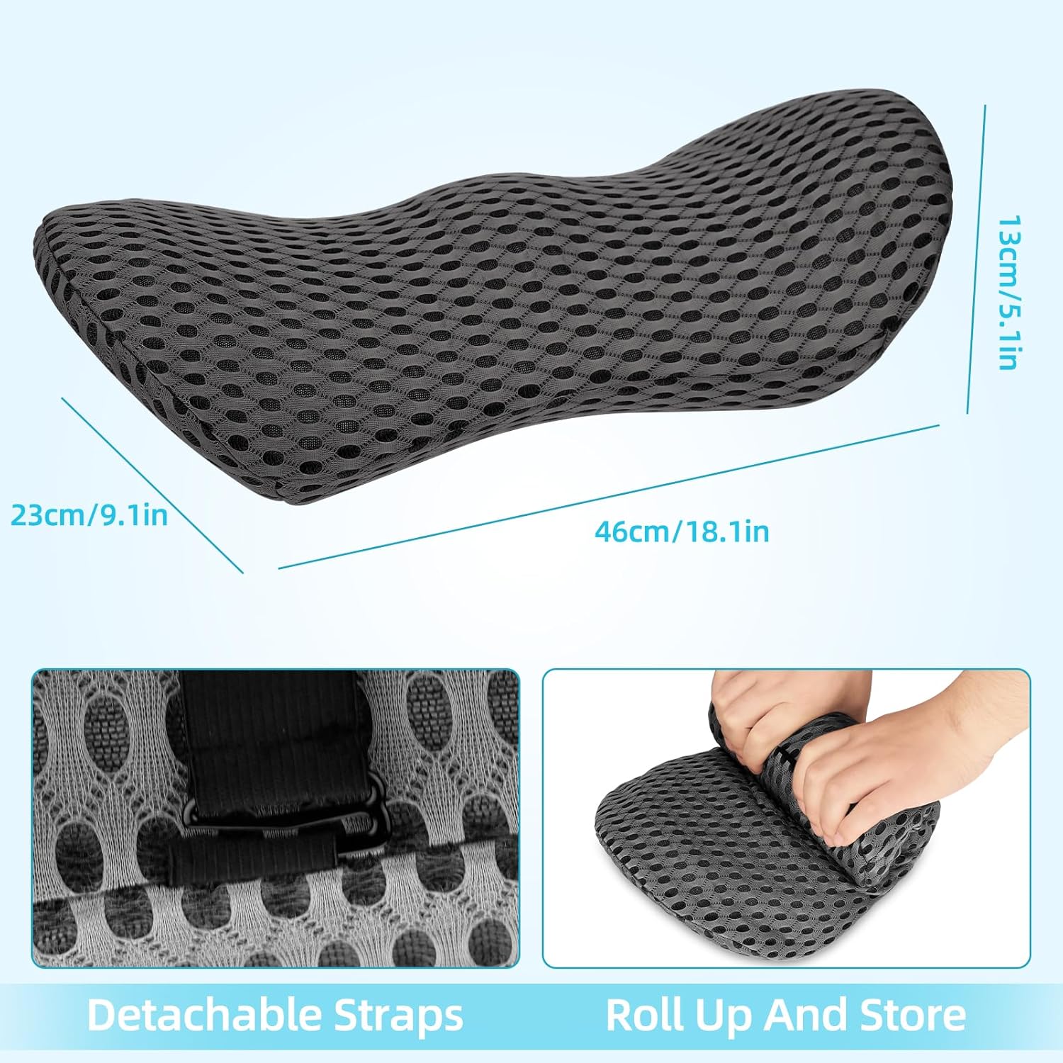 Lendenkissen aus Memory-Schaum, ergonomisches Rückenkissen, Lendenkissen mit atmungsaktivem Bezug und verstellbarem Gurt, Rückenstützkissen, Rückenkissen für Auto, Bürostuhl, Bett, Sofa (grau) – Bild 2