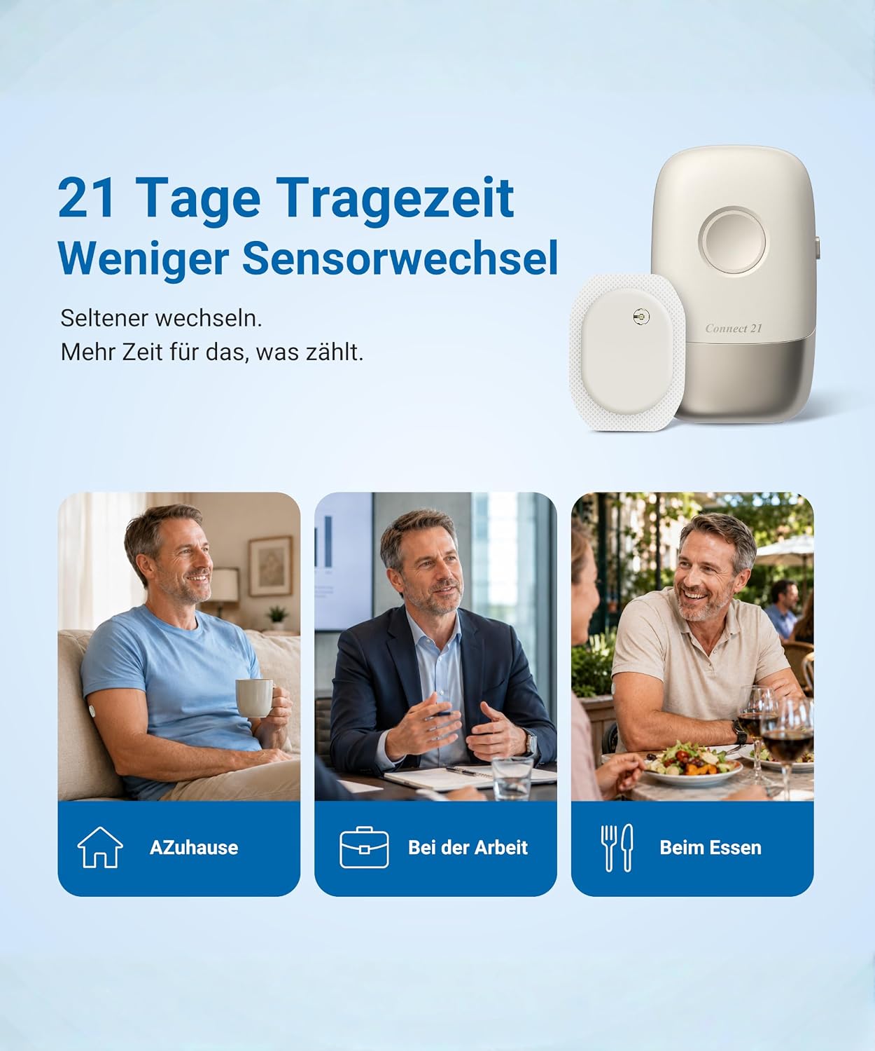 Connect 21 CGM Sensor – Blutzuckermessgerät ohne Stechen | 21 Tage | 8,2 % MARD | IP58 wasserdicht | Bluetooth-App | CE 2797 | 1 Sensor mit Applikator – Bild 3