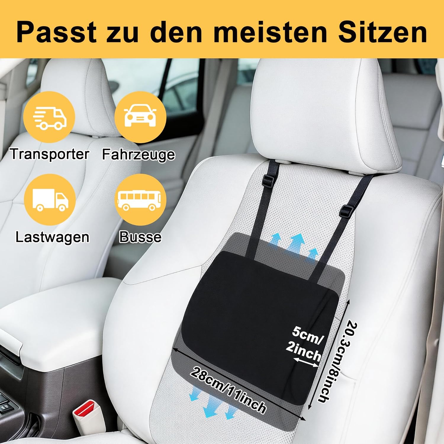 Rückenstützkissen Autositz für Fahrer, ergonomisches Lendenkissen mit verstellbaren Trägern, Autositz-Rückenlehne gegen Rückenschmerzen, abnehmbarer Bezug für Auto, Bürostuhl, Gaming-Stuhl – Bild 2