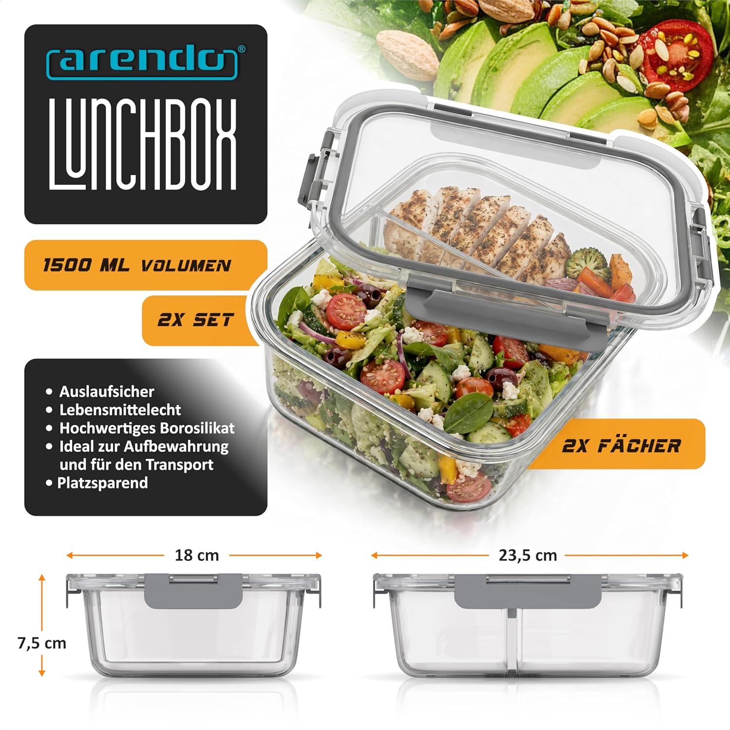 Arendo - Frischhaltedosen aus Glas für Lebensmittel mit luftdichtem Deckel - 2 Fächer - 2er-Set - 1500 ml - für Mikrowelle und Gefrierschrank - spülmaschinenfest - Lunchboxen, Meal-Prep-Boxen – Bild 2