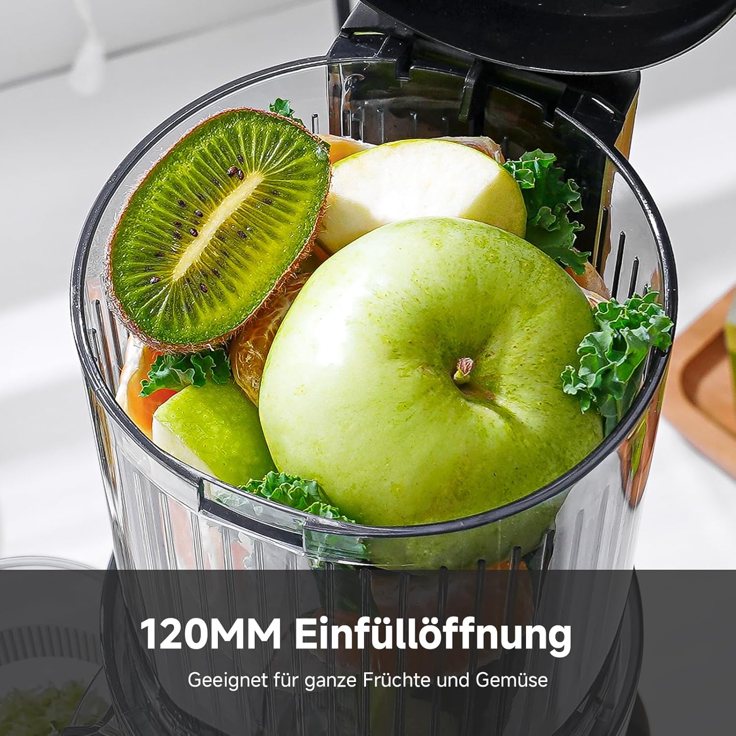 AMZCHEF Entsafter – Slow Juicer mit 120 mm Breite und größerem Einfüllschacht für ganzes Gemüse und Obst – leicht zu reinigender Entsafter mit 2 Gläsern – Silber – Bild 3