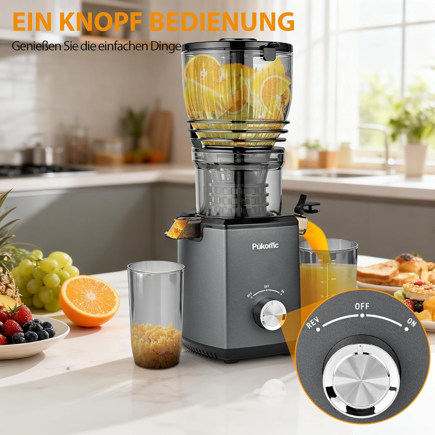 PUKOMC Kaltpress-Entsafter mit 14,7 cm (5,8 Zoll) Schlitz – Slow Juicer für ganze Früchte und Gemüse, 1,8-Liter-Behälter, 300 W, inklusive Reinigungsbürste und Auffangbecher, Grau – Bild 8