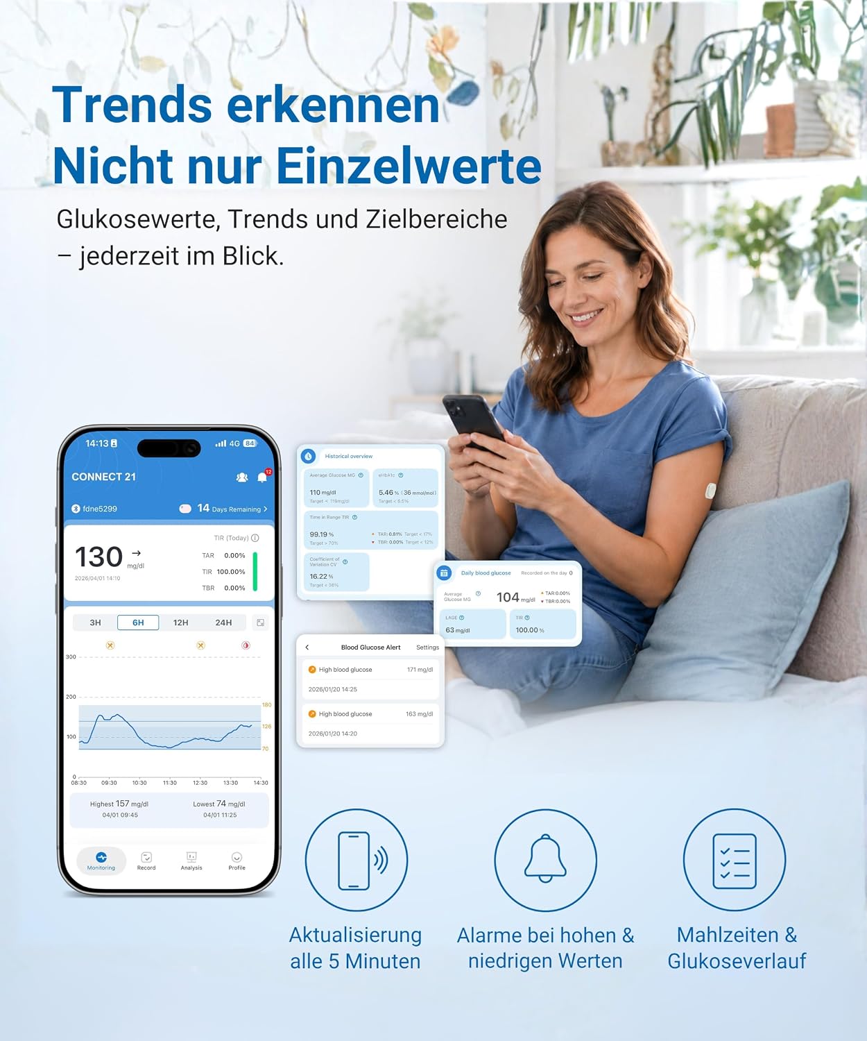 Connect 21 CGM Sensor – Blutzuckermessgerät ohne Stechen | 21 Tage | 8,2 % MARD | IP58 wasserdicht | Bluetooth-App | CE 2797 | 1 Sensor mit Applikator – Bild 4
