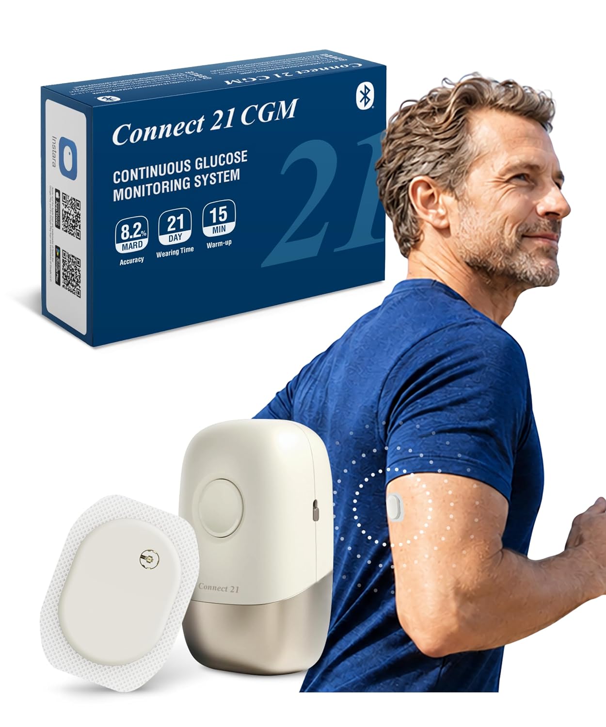 Connect 21 CGM Sensor – Blutzuckermessgerät ohne Stechen | 21 Tage | 8,2 % MARD | IP58 wasserdicht | Bluetooth-App | CE 2797 | 1 Sensor mit Applikator