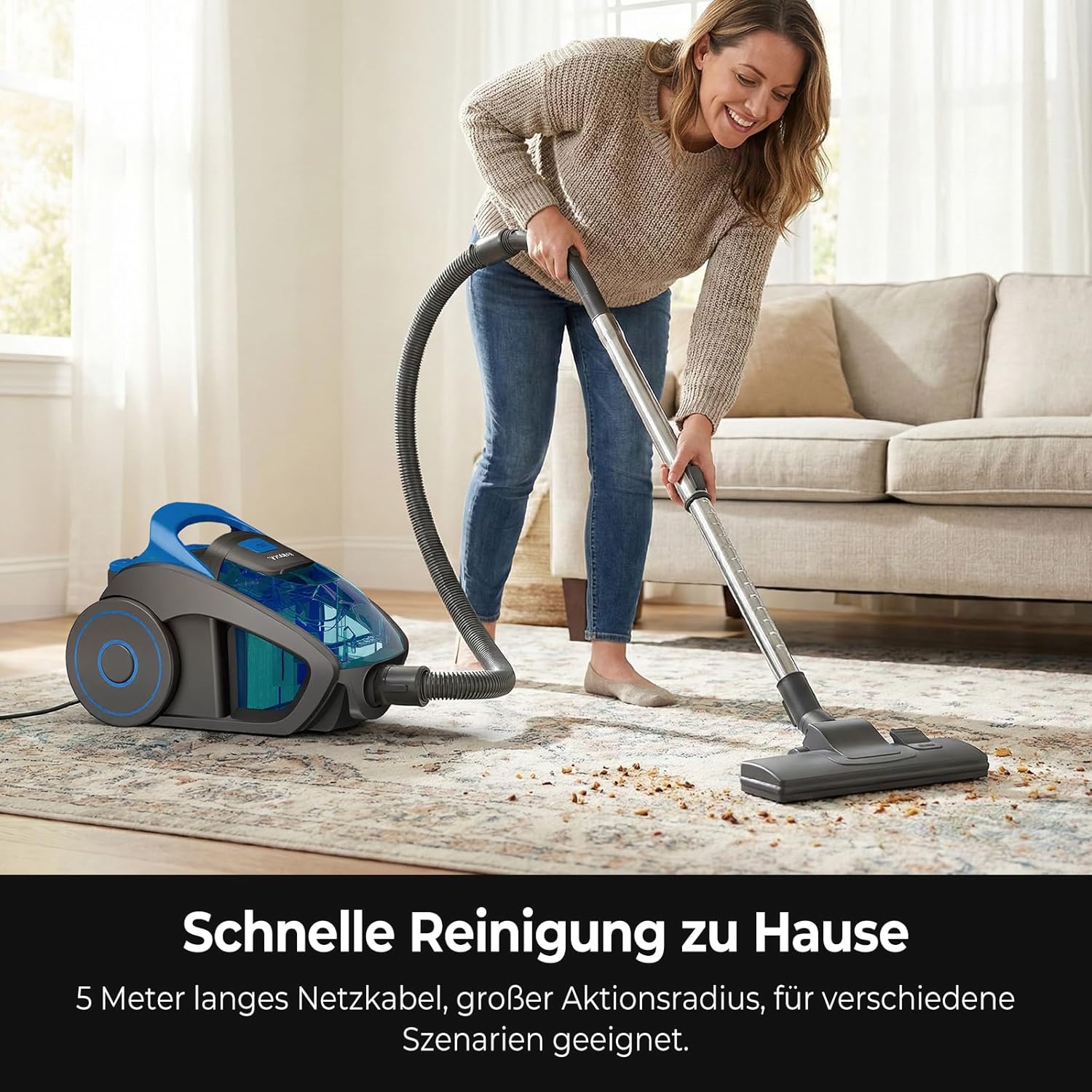 Staubsauger 1200 Watt, 1,5L Beutelloser Staubsauger ohne Beutel 15 kPa, leise, leistungsstark mit HEPA-Filter, kompakt und leicht, für Teppiche, Hartböden, Tierhaare (F) – Bild 3