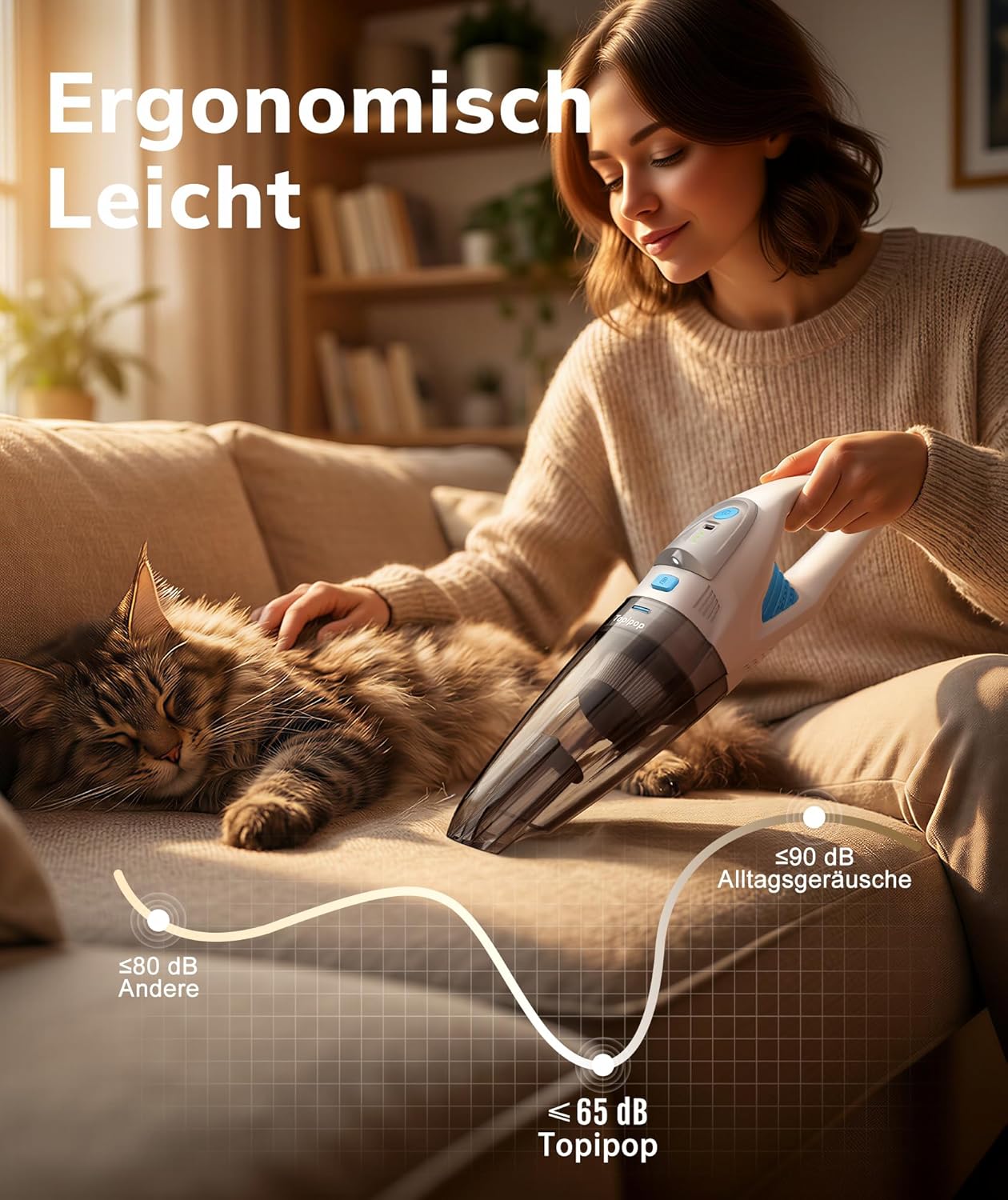 Topipop Handstaubsauger Akku mit 25000Pa starker Saugleistung, kabelloser Staubsauger mit HEPA-Filter & Aufsätzen – leichter Autostaubsauger für Tierhaare, Teppich, Zuhause, Büro, Küche (weiß) – Bild 4