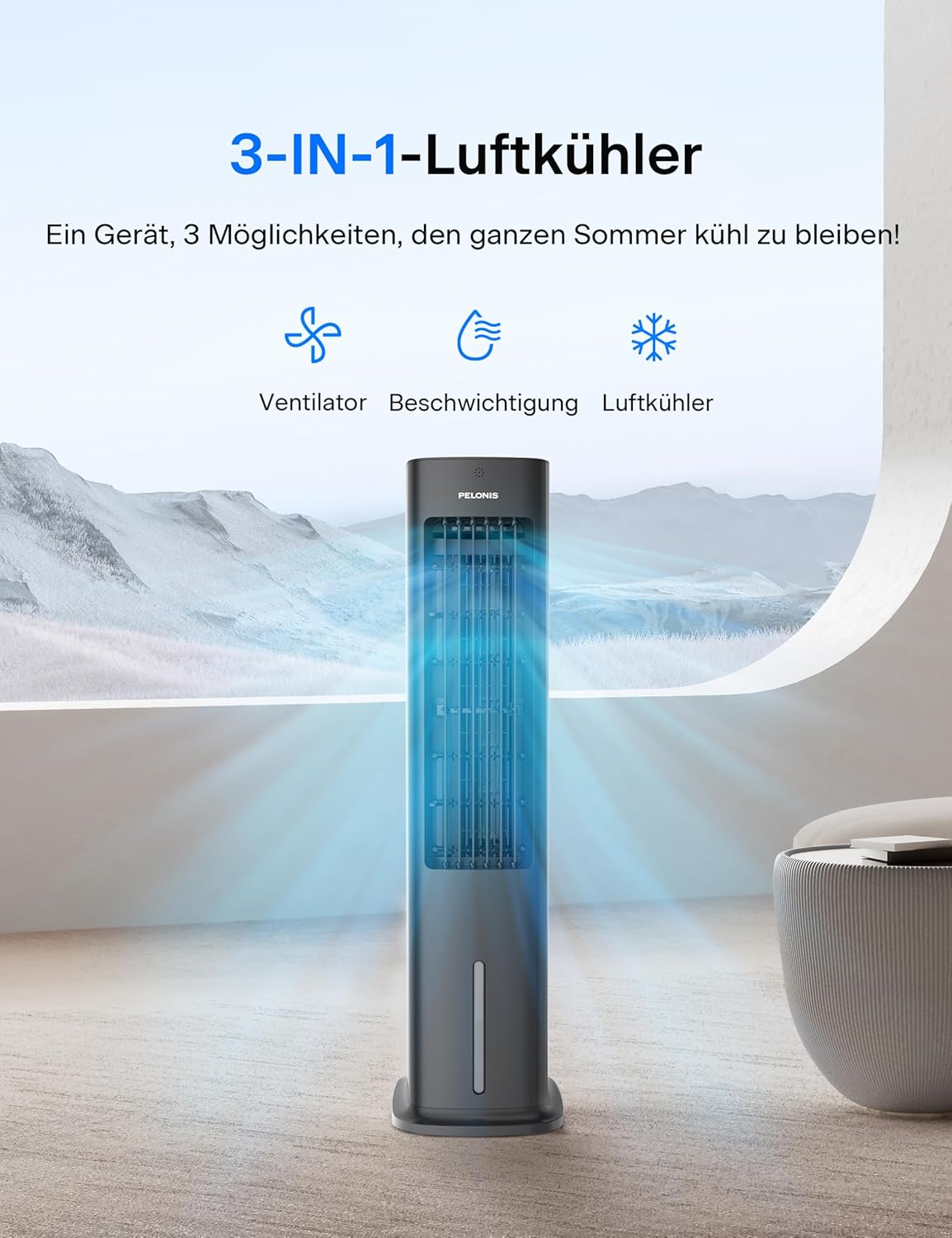 PELONIS 5L Verdunstungskühler mit Fernbedienung, tragbarer 3-in-1-Luftkühler, Ventilator, Luftbefeuchter und automatischer Oszillation, 3-Stufen-Timer 7H, 2 Kühlpads für Zuhause und Büro – Bild 2