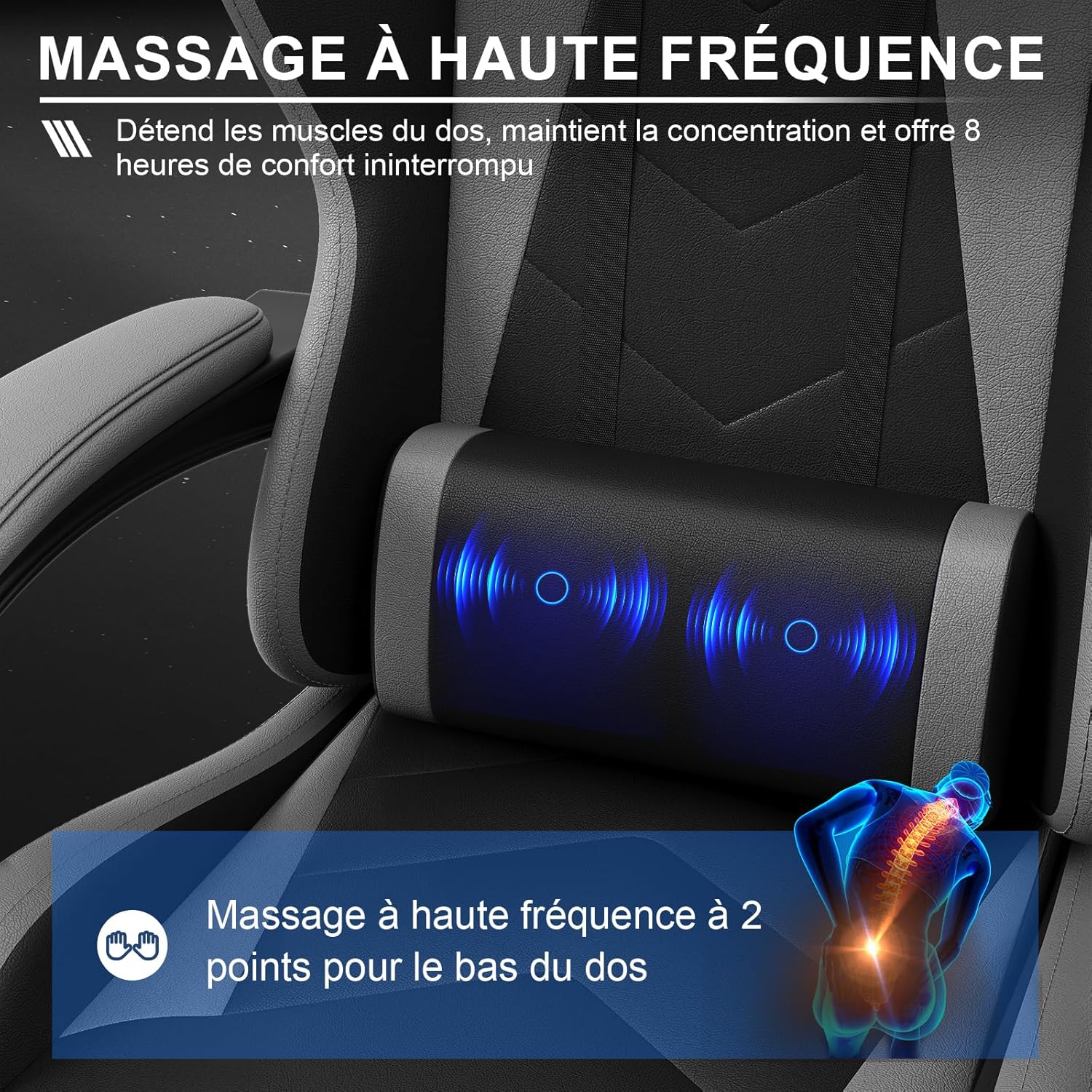 JUMMICO Gaming Stuhl, Bürostuhl ergonomisch mit Massagefunktion, Gamer Stuhl verstellbare Rückenlehne 90-135° und Fußstütze, Gaming Stuhl 150 kg belastbar, Schwarz – Bild 5