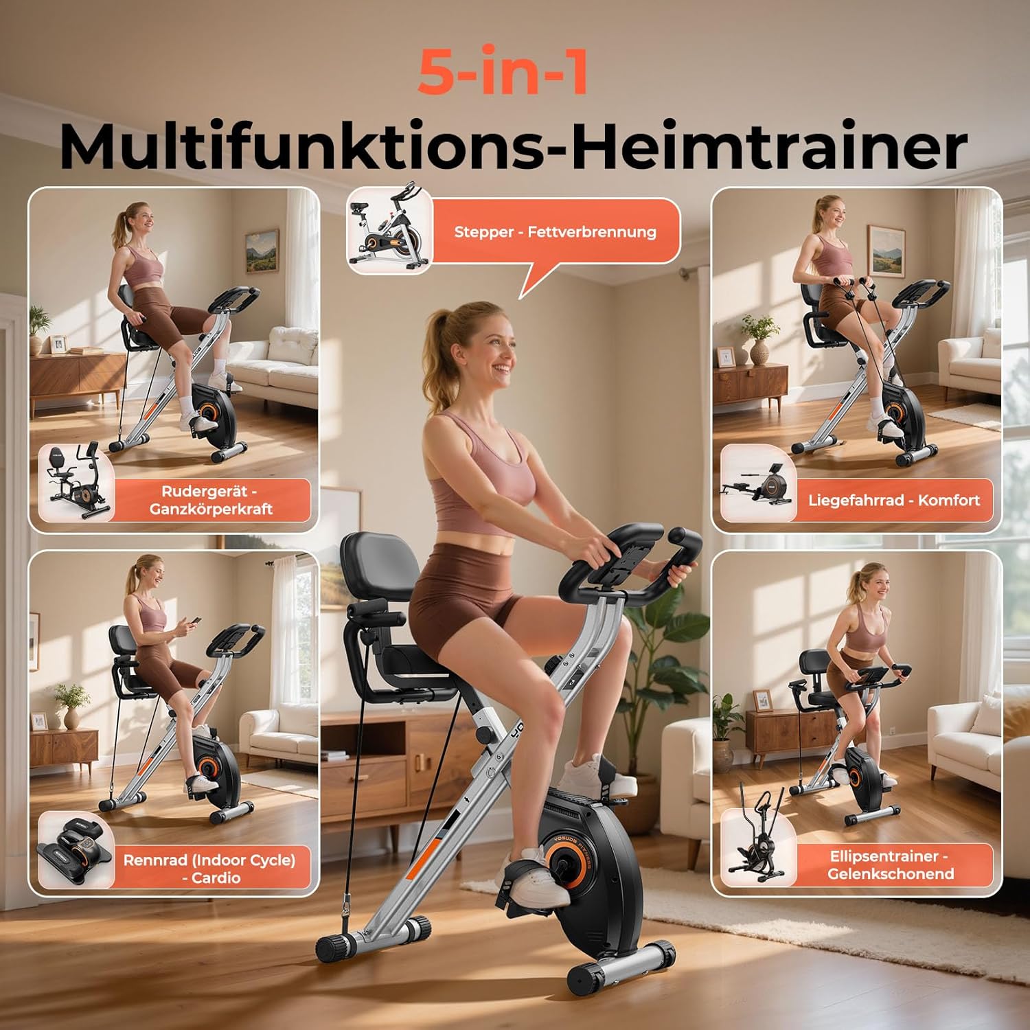 YOSUDA 5-in-1 Klapp-Heimtrainer, Ergometer-Heimtrainer-Fahrrad, bequem & leise, bis 150 kg, LCD-Display, Ergometer-Heimtrainer, Senioren, Fitnessräder – Bild 5