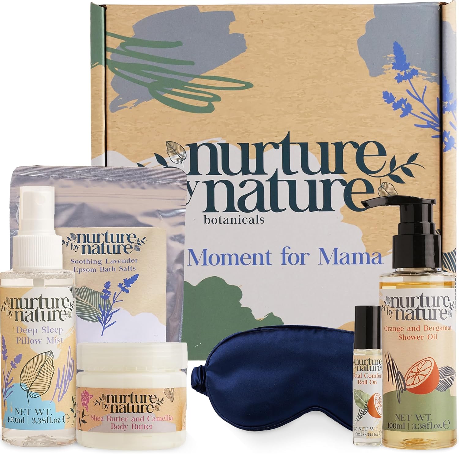 Nurture by Nature Wellness-Geschenkset für Frauen – 6-teiliges Bade- und Beauty-Set mit Körperbutter, Duschöl, Kissenspray, Badesalz und Schlafmaske – ideal für Weihnachten, Muttertag und Geburtstage
