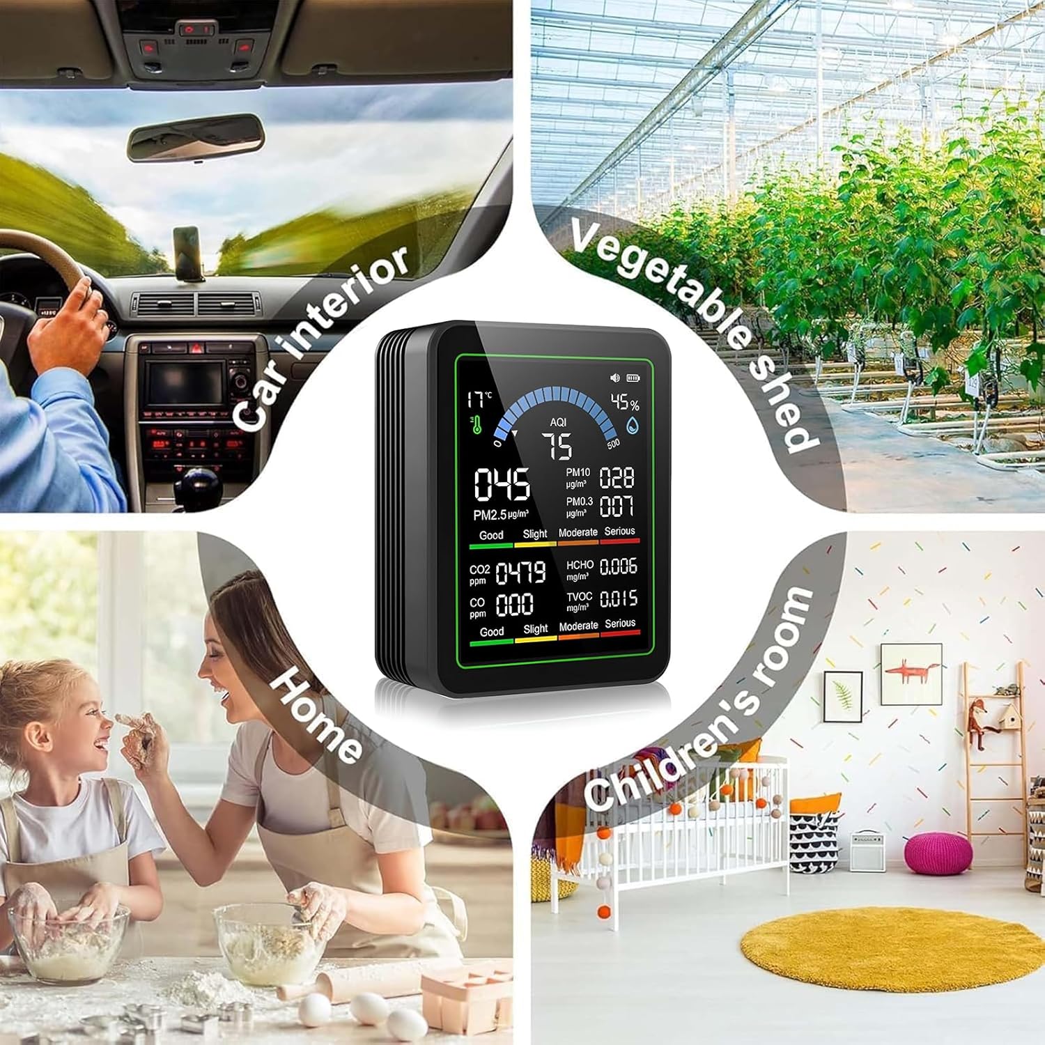 10-in-1-Luftqualitätsmonitor mit Farbdisplay und 4-Farben-Alarm, Messung von CO₂, PM1,0/PM2,5/PM10, HCHO, Temperatur und Luftfeuchtigkeit. Luftüberwachungsgerät mit Typ C für Zuhause, Büro (Schwarz) – Bild 8
