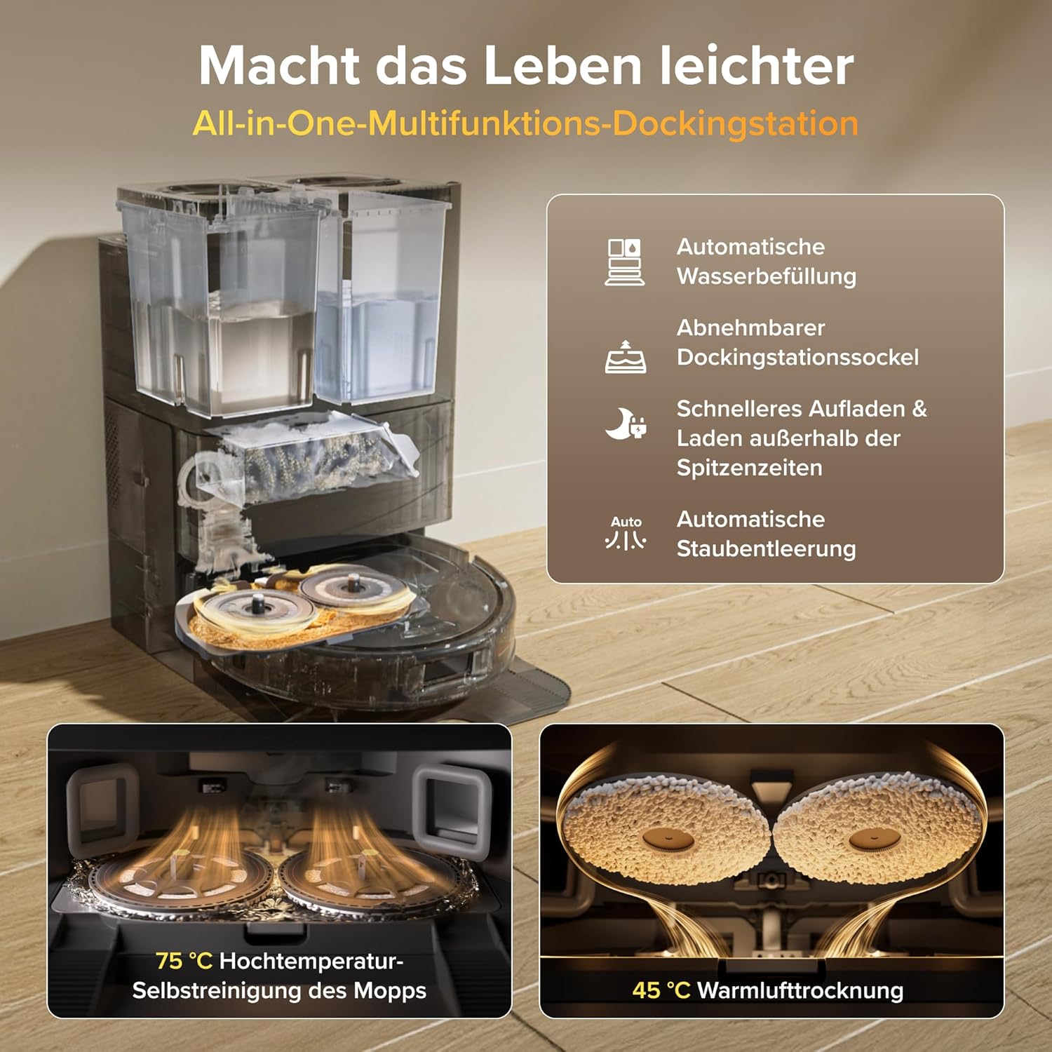 roborock Qrevo S Pro Set Roboterstaubsauger mit Wischfunktion, verbessert von QV 35A, 18.500 Pa Saugleistung, 75°C Heißwasser-Moppreinigung, Anti-Tangle-System, Hindernisvermeidung, All-in-One-Dock – Bild 2