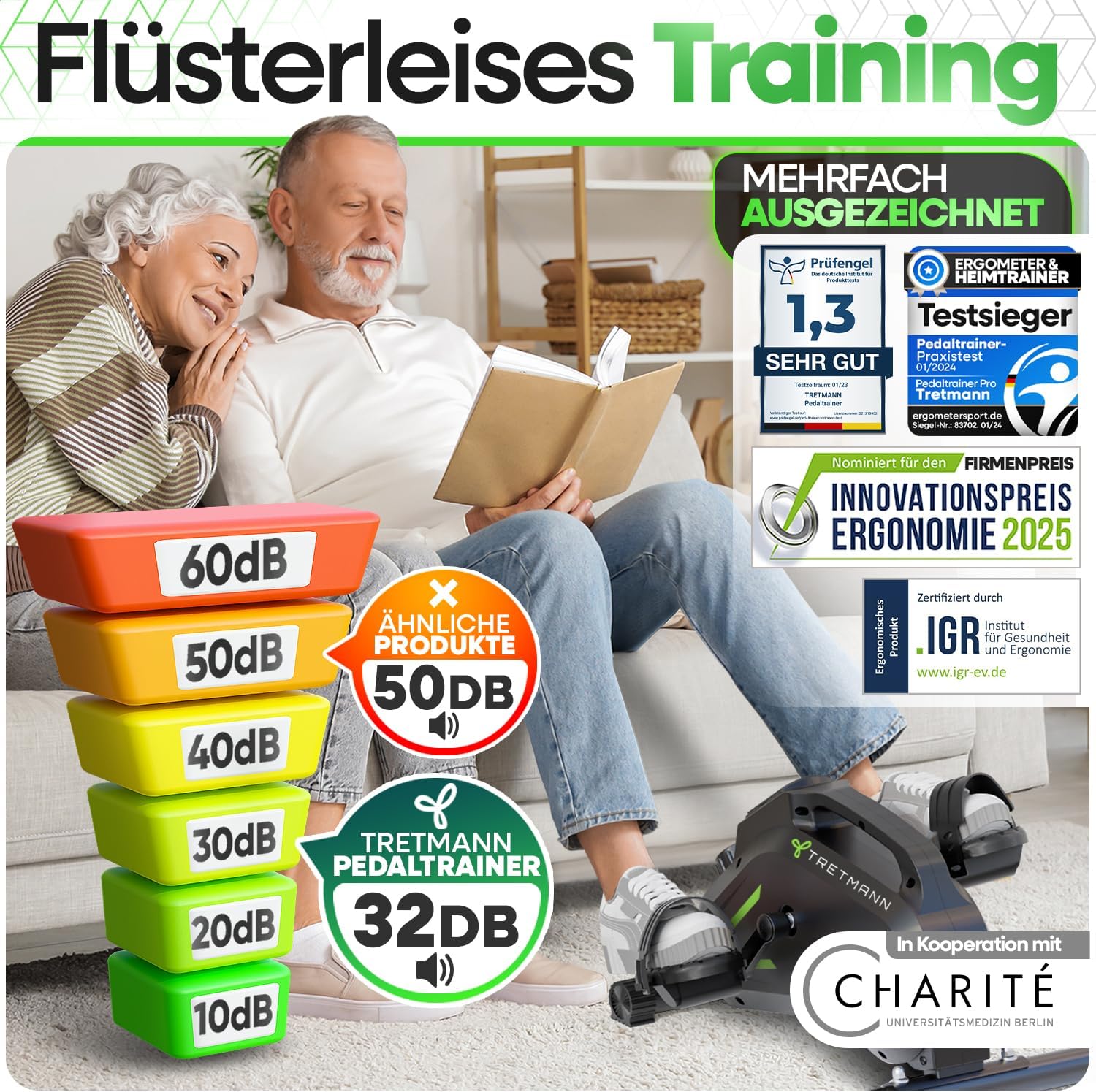 Tretmann Pedaltrainer-Set, extra leise und gelenkschonend, inklusive Dekra-geprüftem Befestigungsgurt für Senioren-Heimtrainer Minibike – Bild 3