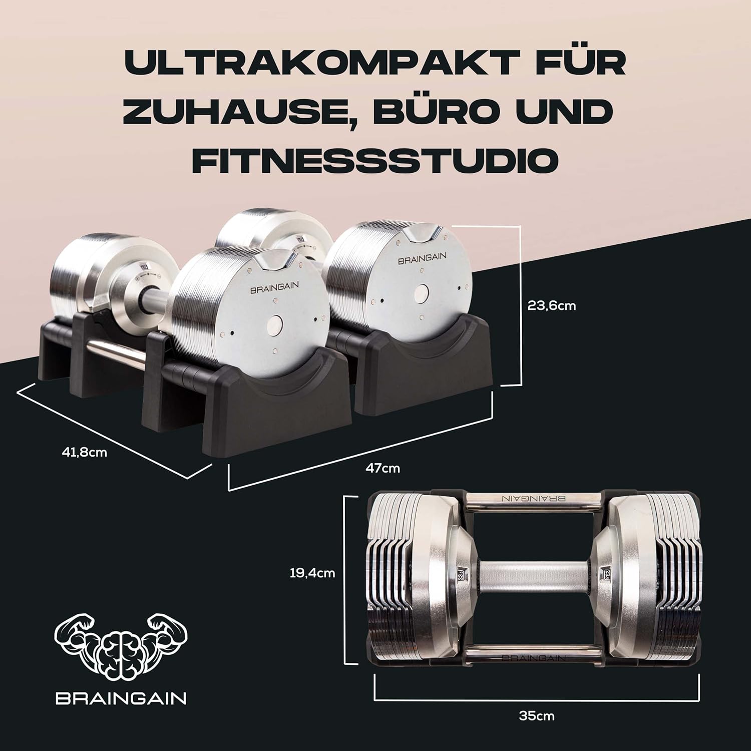 Verstellbares Hantelset von BRAINGAIN 23,5 kg / 32,5 kg / 41,5 kg – Jetzt mit 34 mm Gen 4-Griff – Gewichte in 1 Sekunde wechseln – Platzsparendes Homegym – Mehrere Gewichte in einem – Chrom/Schwarz – Bild 6