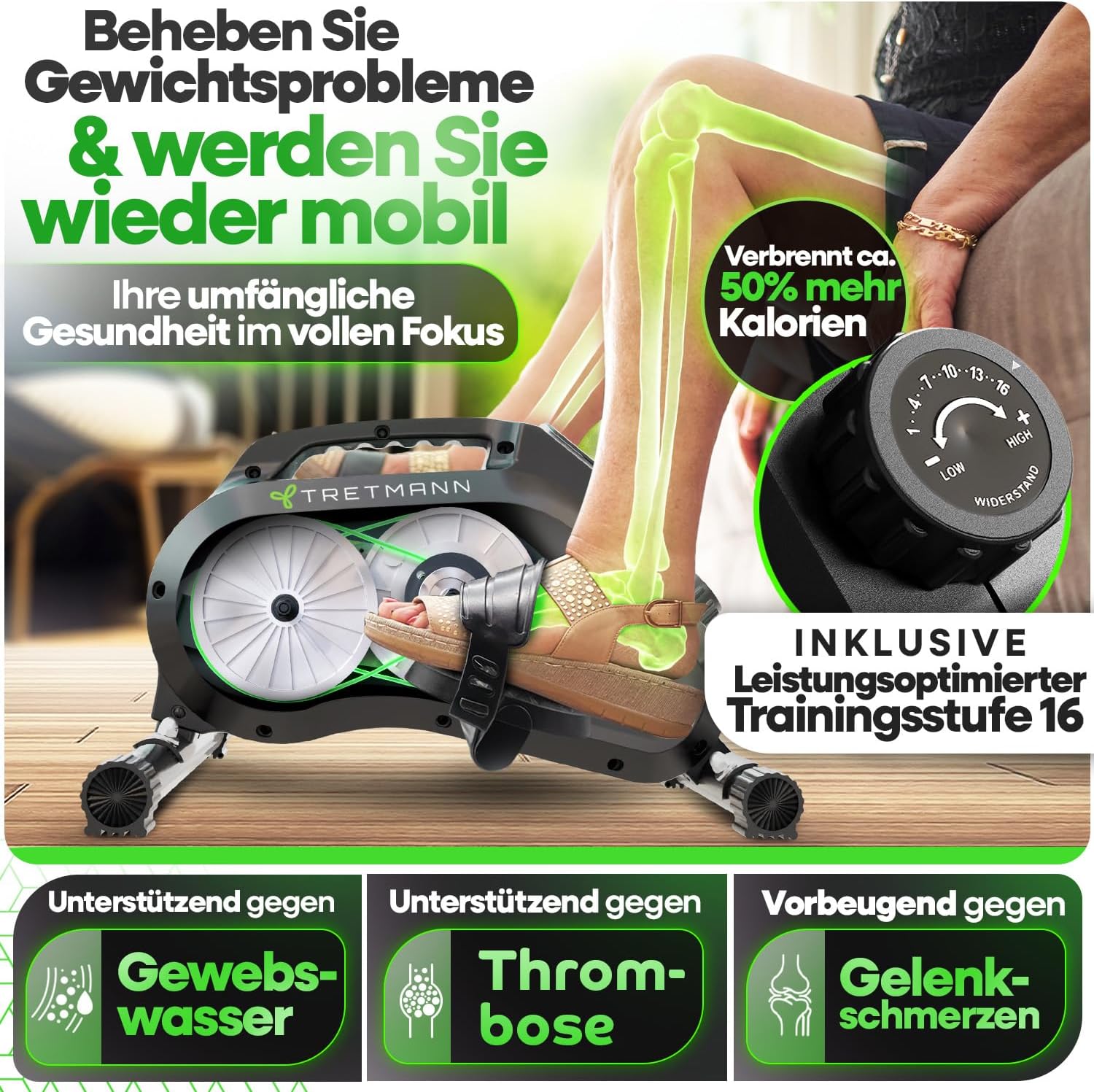 Tretmann Pedaltrainer-Set, extra leise und gelenkschonend, inklusive Dekra-geprüftem Befestigungsgurt für Senioren-Heimtrainer Minibike – Bild 4