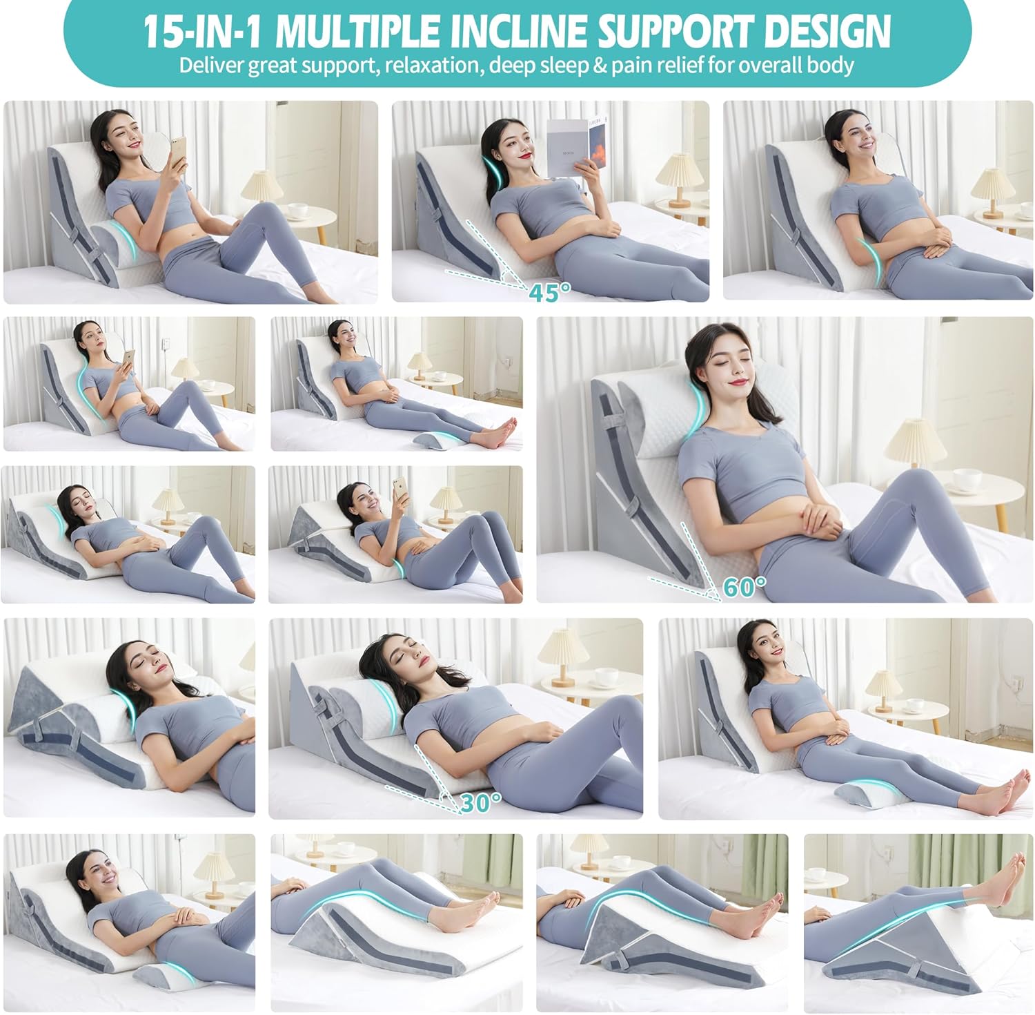 Keilkissen zum Schlafen, orthopädisches Bettkeilkissen-Set, 15-in-1 verstellbares Memory-Schaum-Keilkissen nach Operationen, 9 & 16 & 20 Zoll Höhe, 3-in-1-Schrägkissen, Keile zum Schlafen – Bild 3