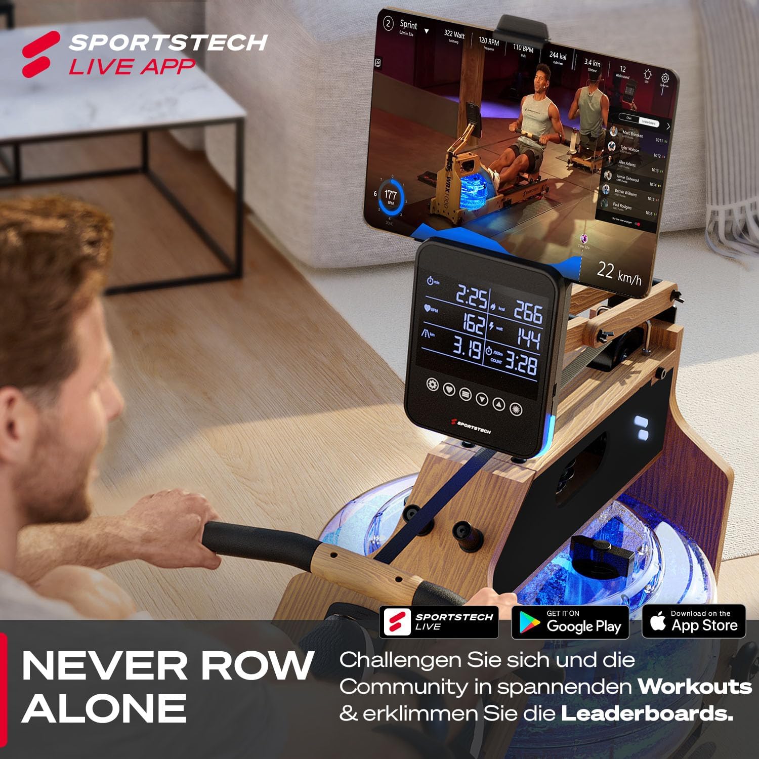 Sportstech Premium Rudergerät Wasser für Zuhause, Rudermaschine mit LED-Wassertank, Water Rower klappbar, Deutsches Qualitätsunternehmen, App mit Workout Kursen+ Tablethalterung, Massivholz, WRX1000 – Bild 6