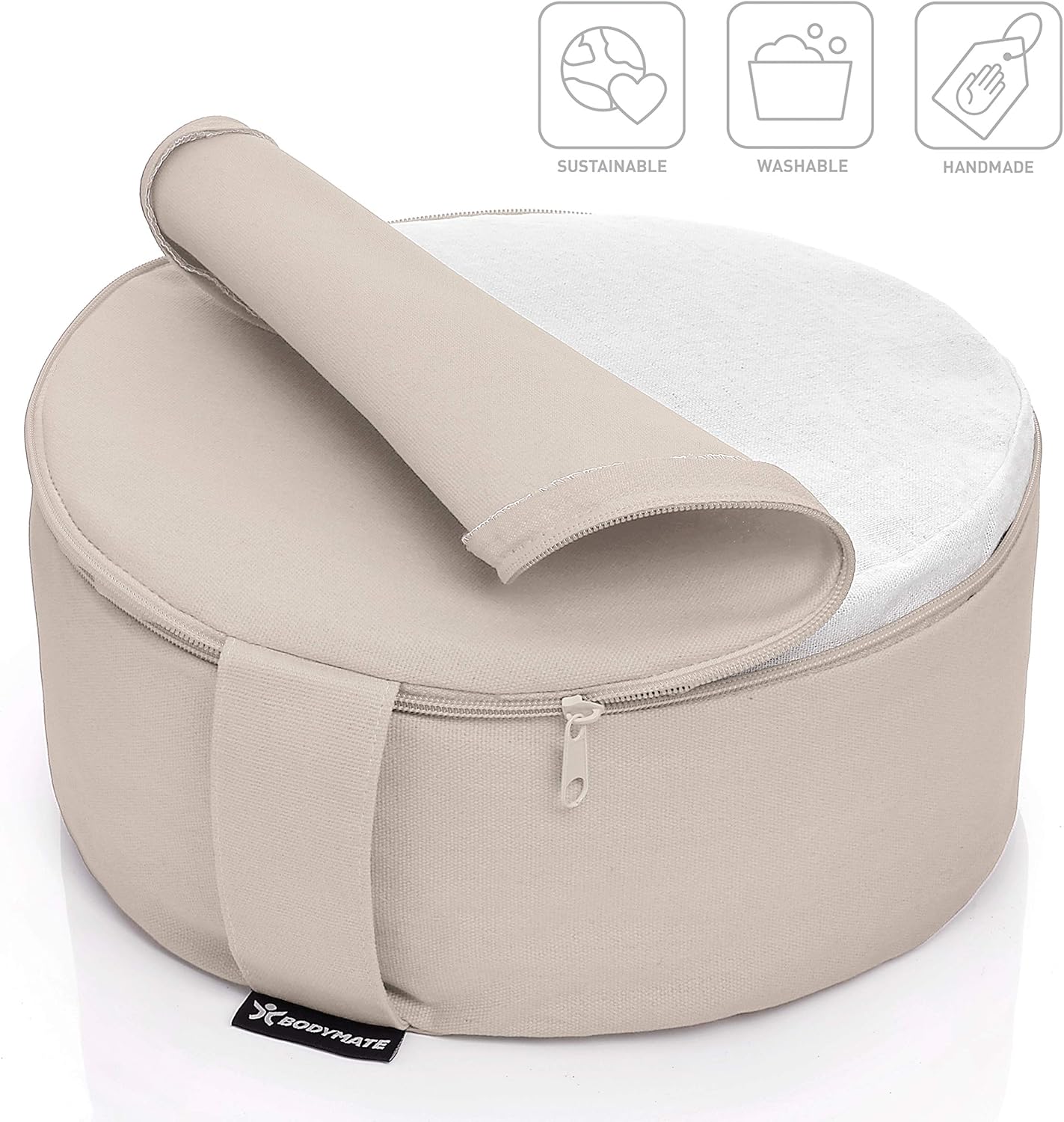 BODYMATE rundes Yogakissen 31cm Durchmesser 13cm hoch mit Buchweizenfellfüllung – maschinenwaschbarer Bezug aus 100% extra dicker Baumwolle – Meditationskissen – Sitzkissen – Bild 2