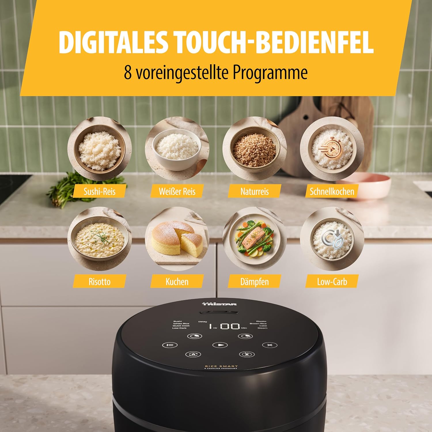 Tristar Digitaler Reiskocher mit Low Carb-Funktion, 8 automatische Programme, 0,6 l Reiskapazität, digitales Bedienfeld, leicht zu reinigen, RK-6238 – Bild 6
