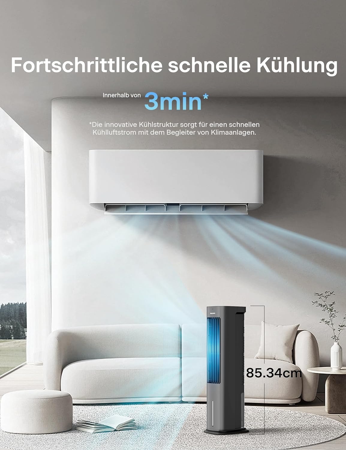 PELONIS 5L Verdunstungskühler mit Fernbedienung, tragbarer 3-in-1-Luftkühler, Ventilator, Luftbefeuchter und automatischer Oszillation, 3-Stufen-Timer 7H, 2 Kühlpads für Zuhause und Büro – Bild 6