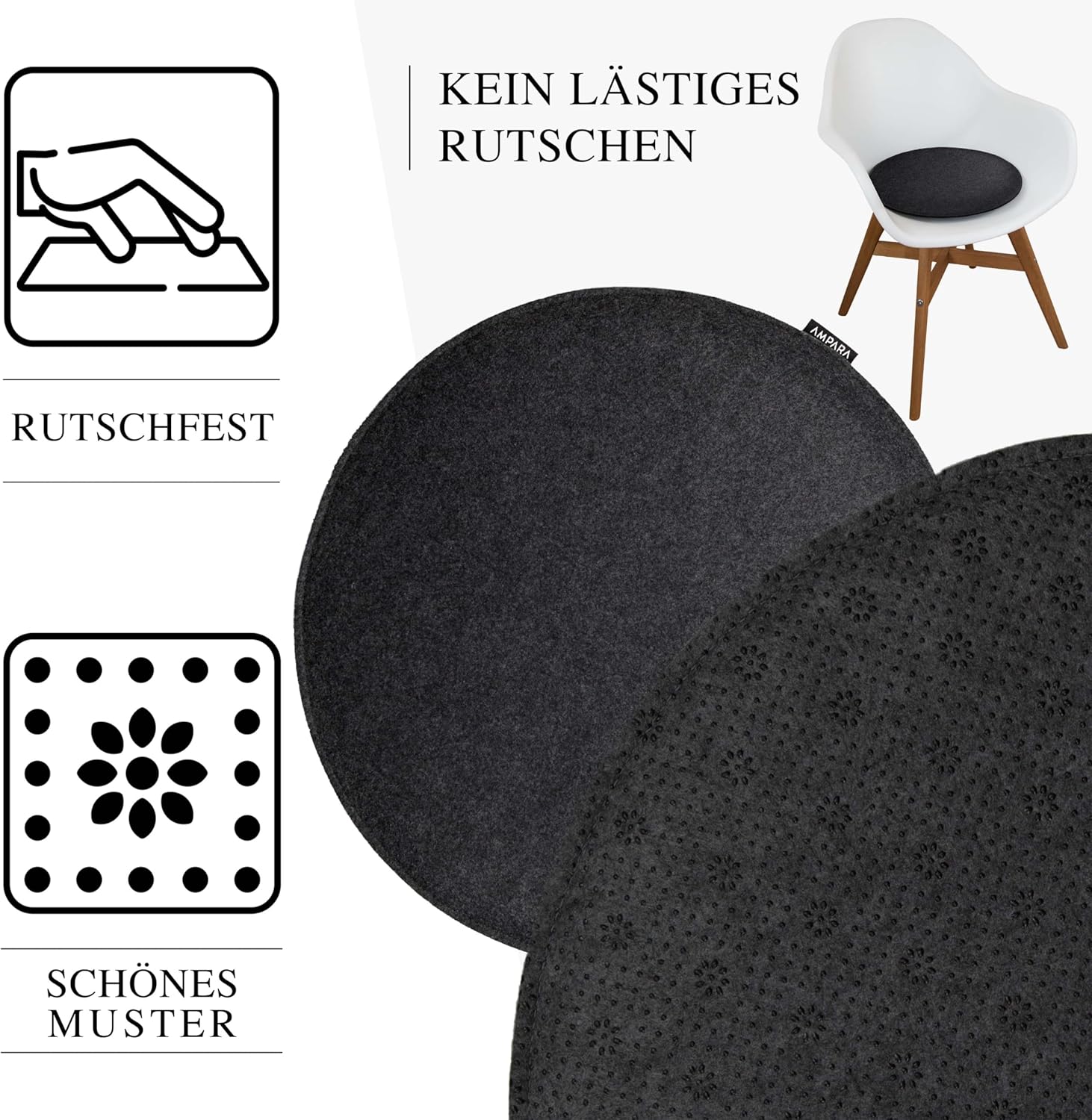 4er-Set Stuhlkissen rund 33 cm – rutschfest & gemütlich – Sitzkissen aus Filz rund | für Stuhl, Bank, Hocker etc. (Dunkelgrau) – Bild 3
