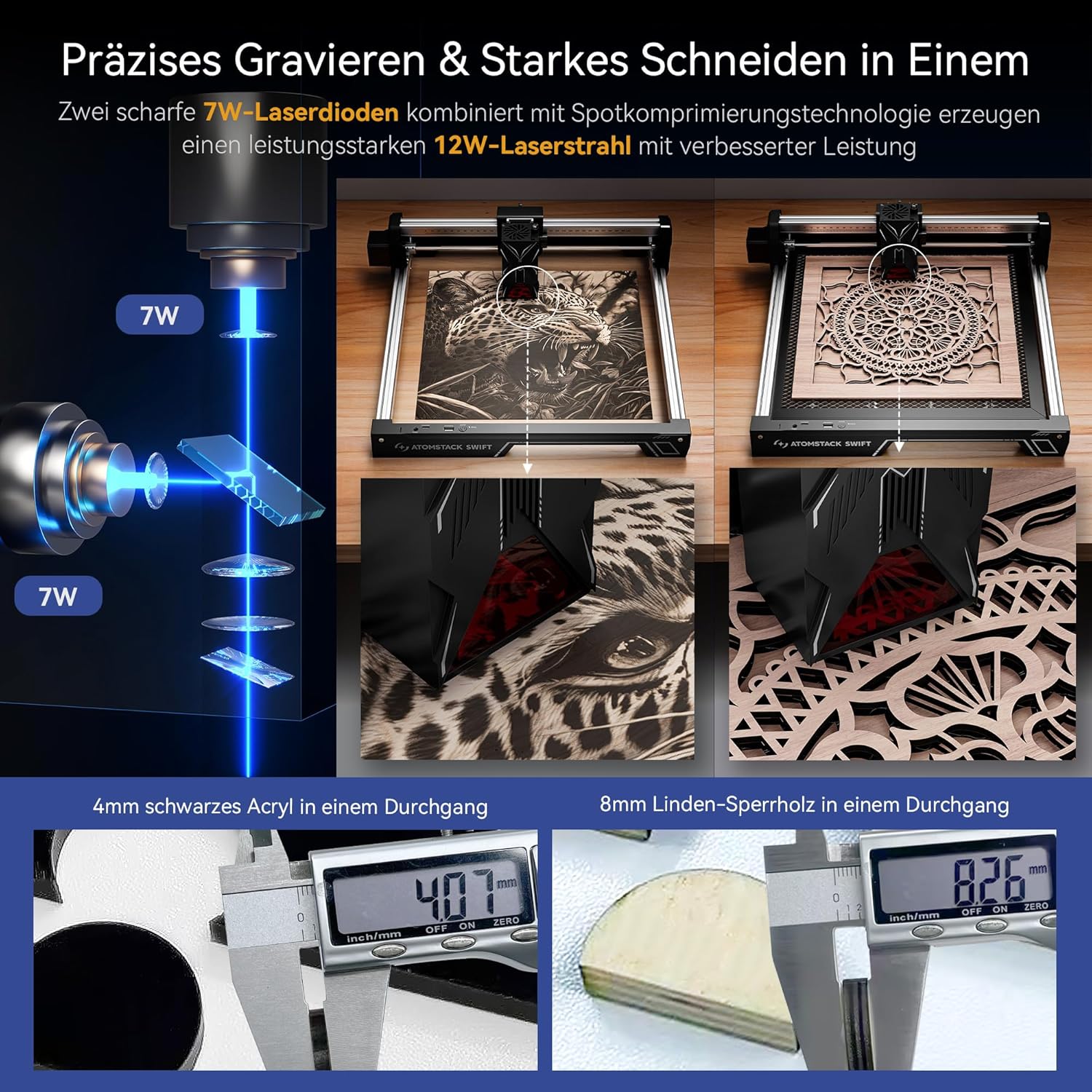 ATOMSTACK Swift 7W Lasergravurmaschine Lasergravierer für DIY-Chargenanpassung Serie Laserschneider 0,01 mm Hochpräziser Laserschneider für Holz und Leder, Gravurfläche 300 × 300 mm (SWIFT 7W Schwarz) – Bild 3