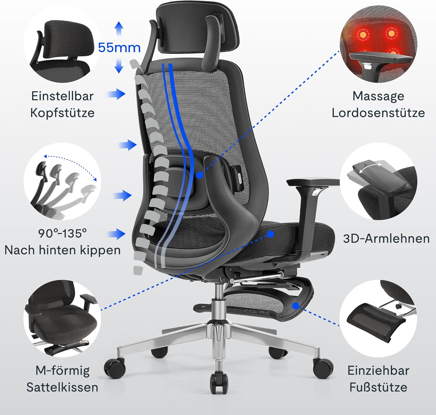 FLEXISPOT MasterEase Massage-Bürostuhl mit Fußstütze und Gummirädern, ergonomischer Schreibtischstuhl mit 2D-Lendenwirbelstütze mit Heiz- und Massagefunktion, 4-fach verstellbare Rückenlehne, Schwarz – Bild 5