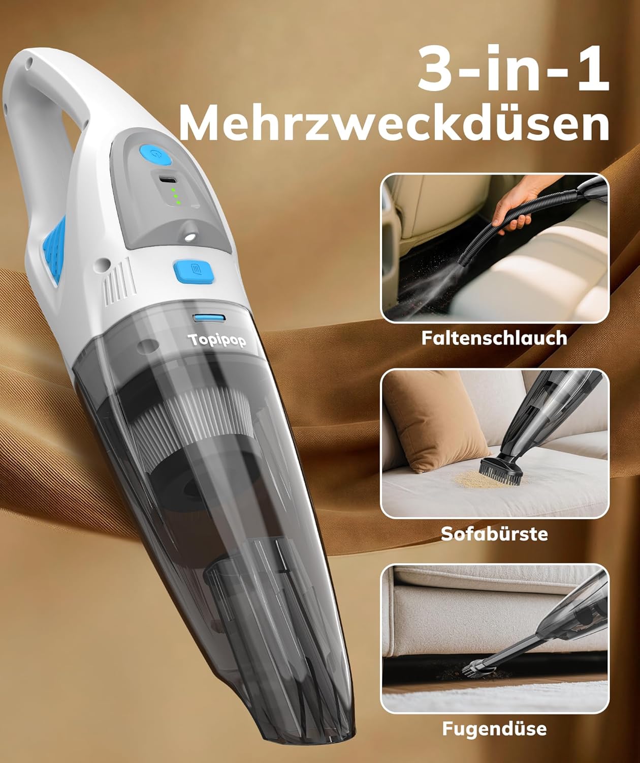 Topipop Handstaubsauger Akku mit 25000Pa starker Saugleistung, kabelloser Staubsauger mit HEPA-Filter & Aufsätzen – leichter Autostaubsauger für Tierhaare, Teppich, Zuhause, Büro, Küche (weiß) – Bild 5