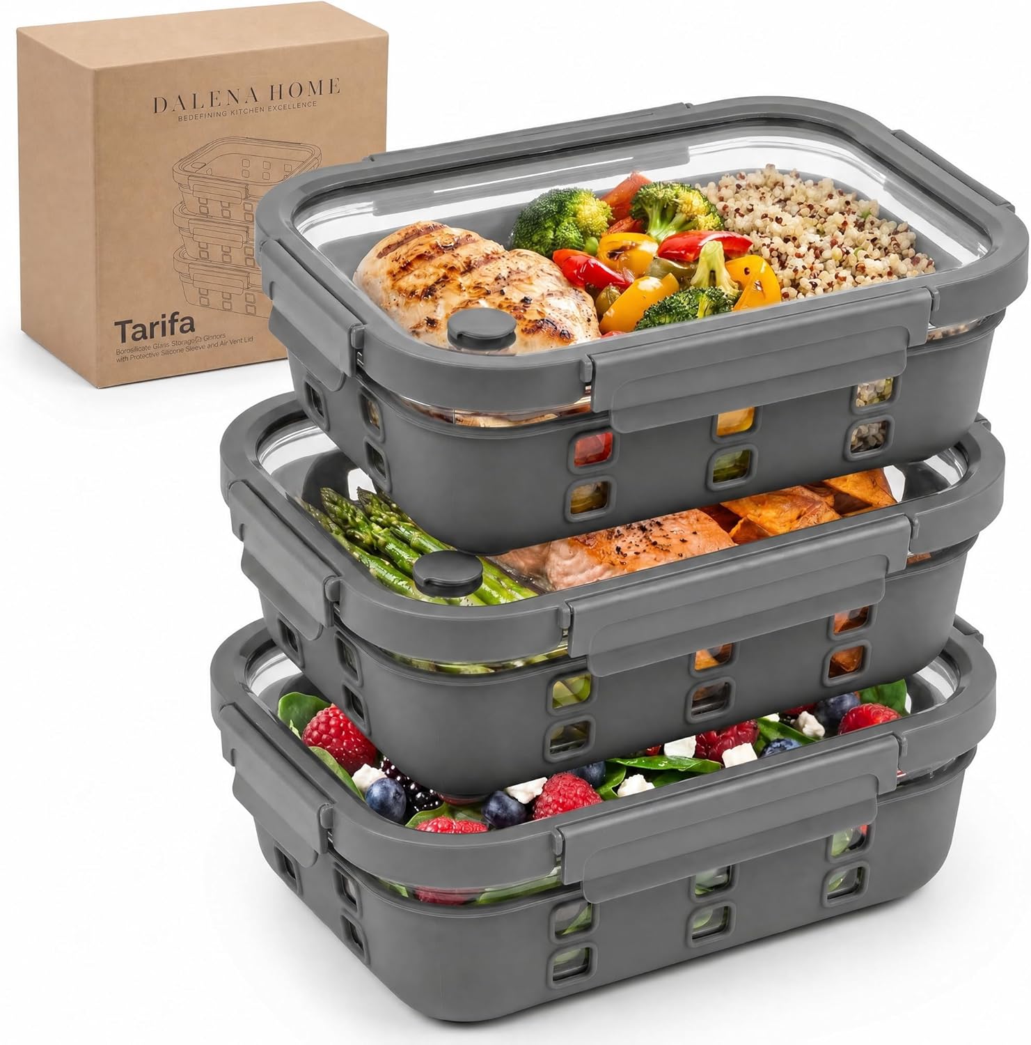 Meal-Prep-Boxen-Set 3 x 1520 ml – Borosilikatglas, auslaufsicher, stapelbar, mikrowellengeeignet, mit Silikon-Schutzbeschichtung und Dampfventil
