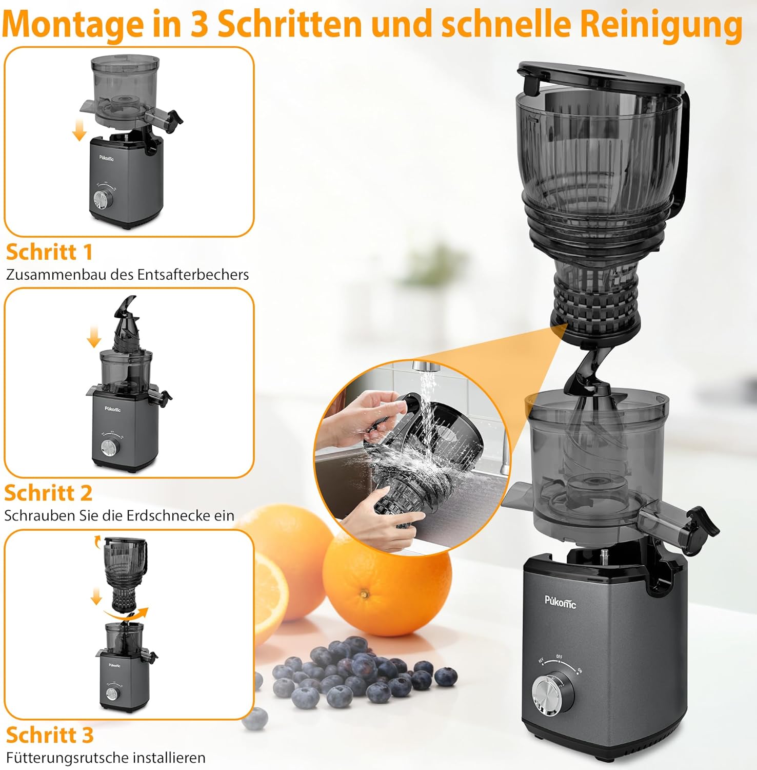 PUKOMC Kaltpress-Entsafter mit 14,7 cm (5,8 Zoll) Schlitz – Slow Juicer für ganze Früchte und Gemüse, 1,8-Liter-Behälter, 300 W, inklusive Reinigungsbürste und Auffangbecher, Grau – Bild 4