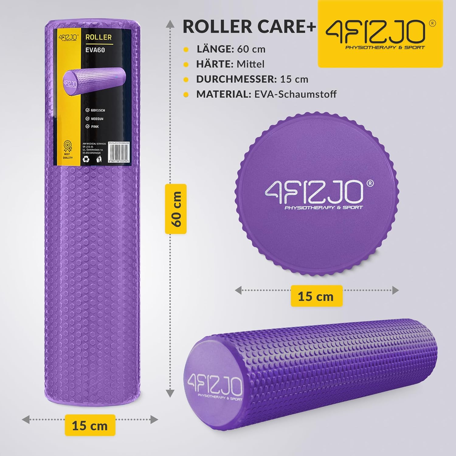 4FIZJO Faszienrolle mit Noppen aus EVA-Schaum, Durchmesser 15 cm, Länge 60 cm, Massagerolle, Rückenrolle, leicht, langlebig, mittlere Härte, Faszientraining, Massagetraining, Lila – Bild 2
