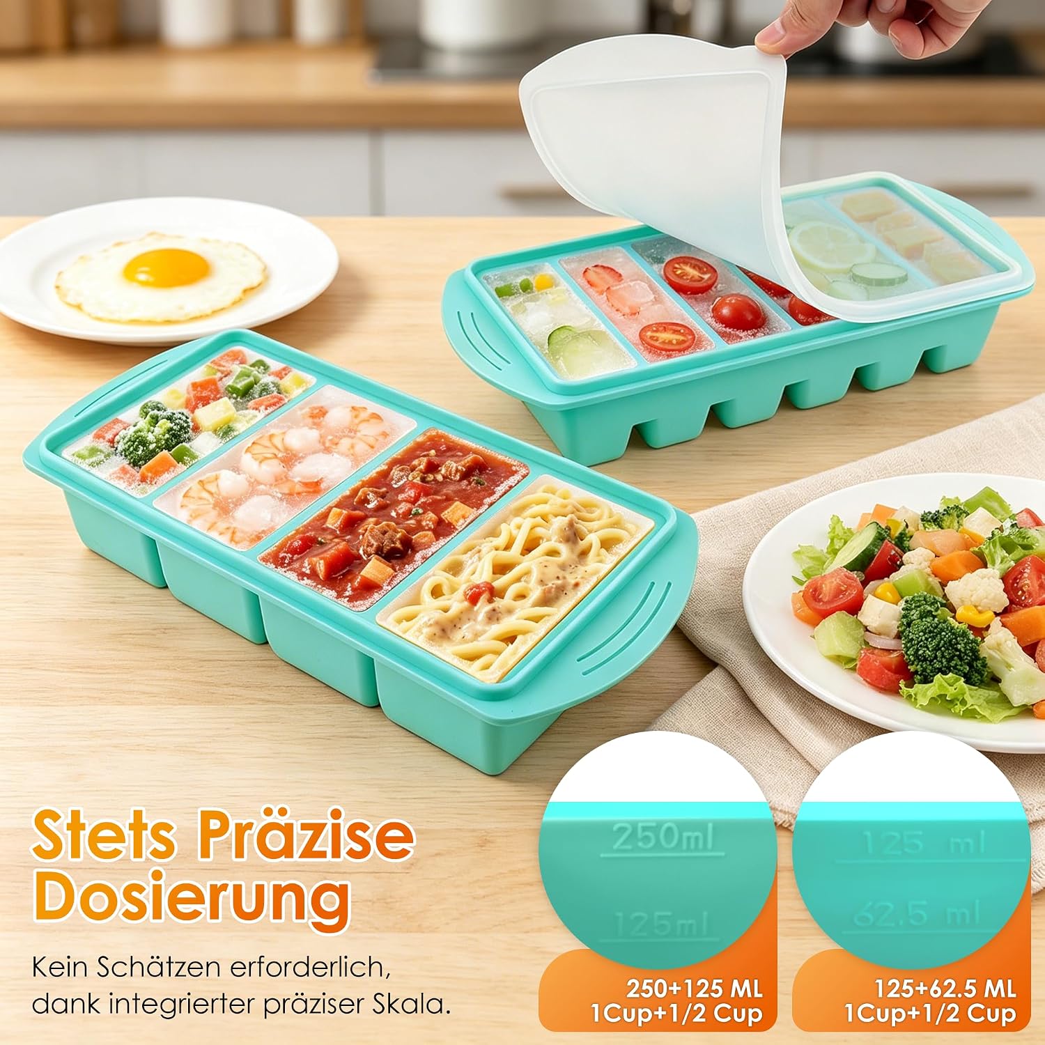 Set mit 2 Silikon-Gefrierformen mit Deckel, Suppenwürfel-Set mit 250/125 ml | Wiederverwendbar und stapelbar für die Zubereitung von Mahlzeiten, Gefrierbehälter für Suppe, Soße und Eis. Mintgrün – Bild 2