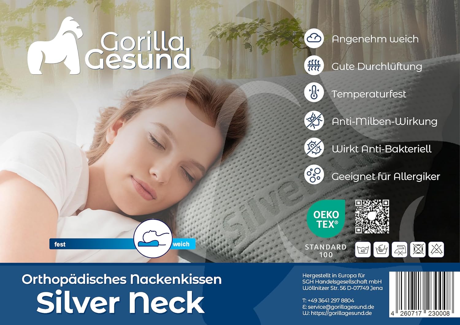Orthopädisches Nackenstützkissen Silver Neck – Viskoelastisches Memory-Schaum-Kissen mit Silver & Life-Bezug – 70 x 34 cm – Höhe 12 cm – Bild 5