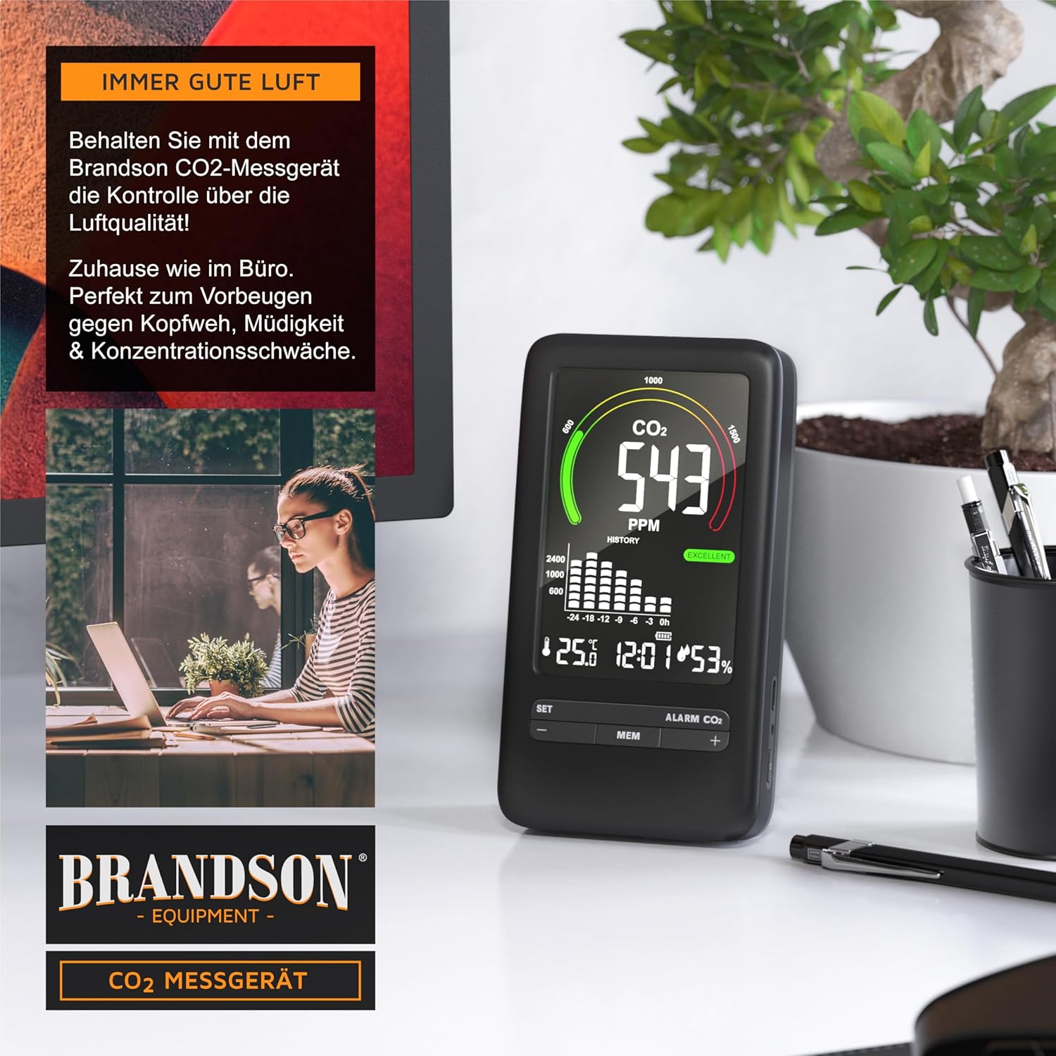 CSL – CO2-Detektor – CO2-Messgerät mit Thermometer-Hygrometer – Messgerät für die Luftqualität in Innenräumen, Kohlendioxid-Messung PPM – Batterie 2000 mAh – Schwarz – Bild 4