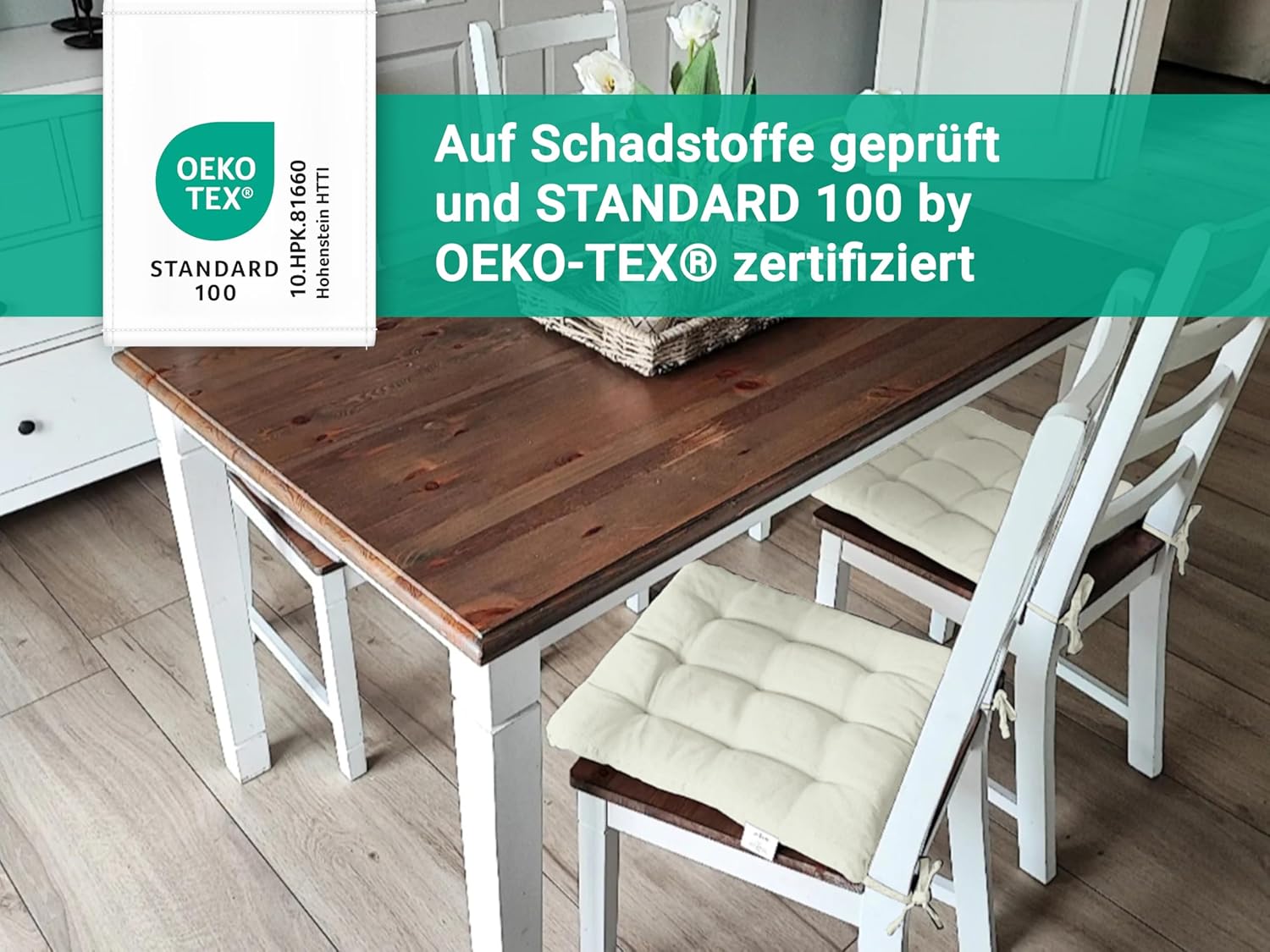 Zollner 4er-Set Stuhlkissen mit Bändern, 40 x 40 cm, Creme – Bild 5
