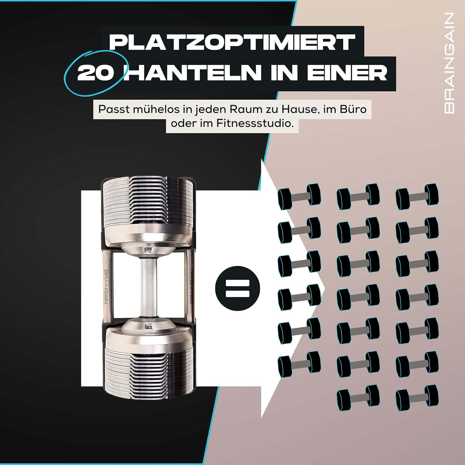 Verstellbares Hantelset von BRAINGAIN 23,5 kg / 32,5 kg / 41,5 kg – Jetzt mit 34 mm Gen 4-Griff – Gewichte in 1 Sekunde wechseln – Platzsparendes Homegym – Mehrere Gewichte in einem – Chrom/Schwarz – Bild 5