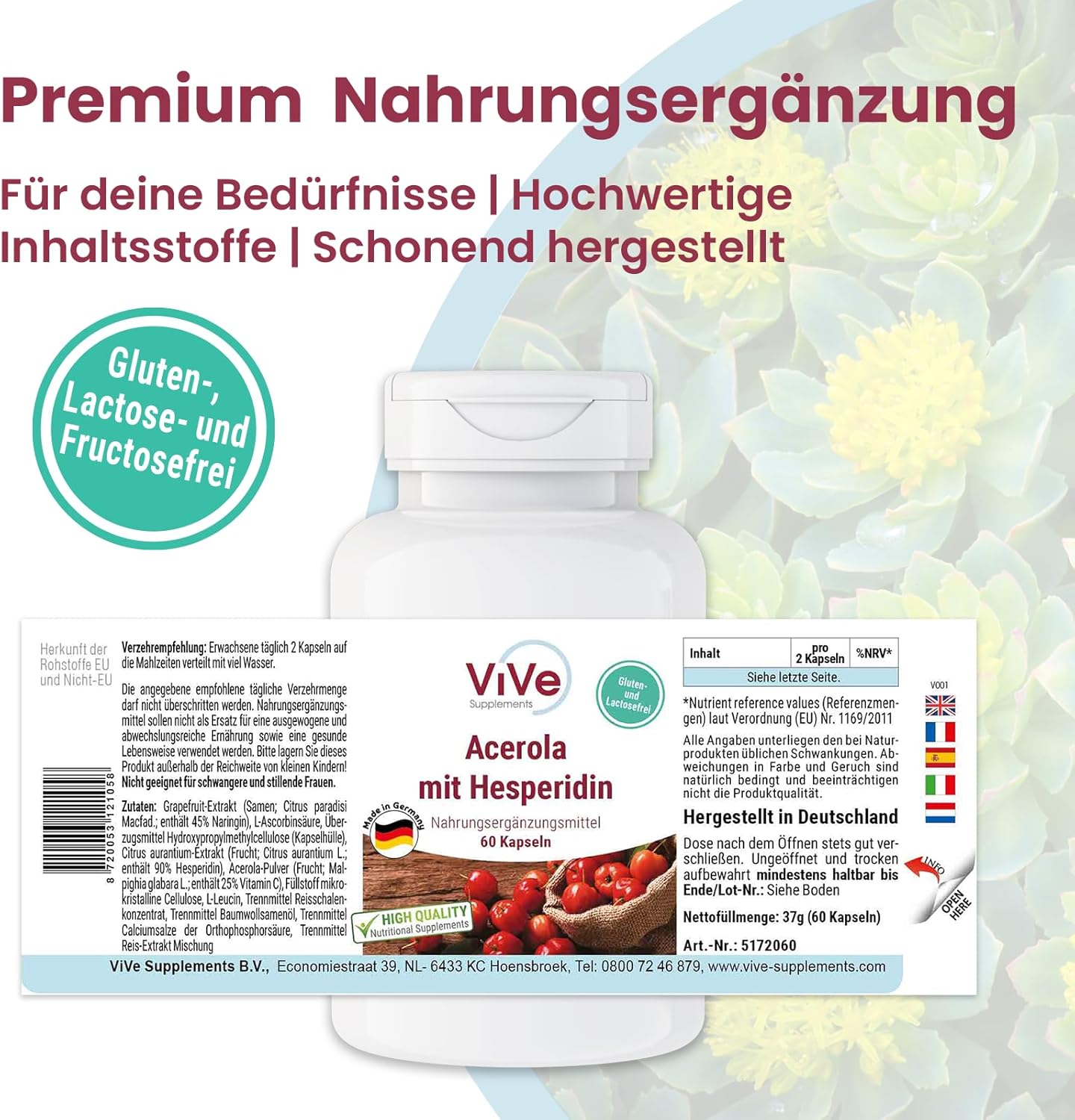 Acerola mit Hesperidin – 60 Kapseln mit Vitamin C, Grapefruitkernextrakt und Bitterorangenextrakt – hochdosiert und vegan – standardisierte Extrakte | Qualität aus Deutschland ViVe Supplements – Bild 5