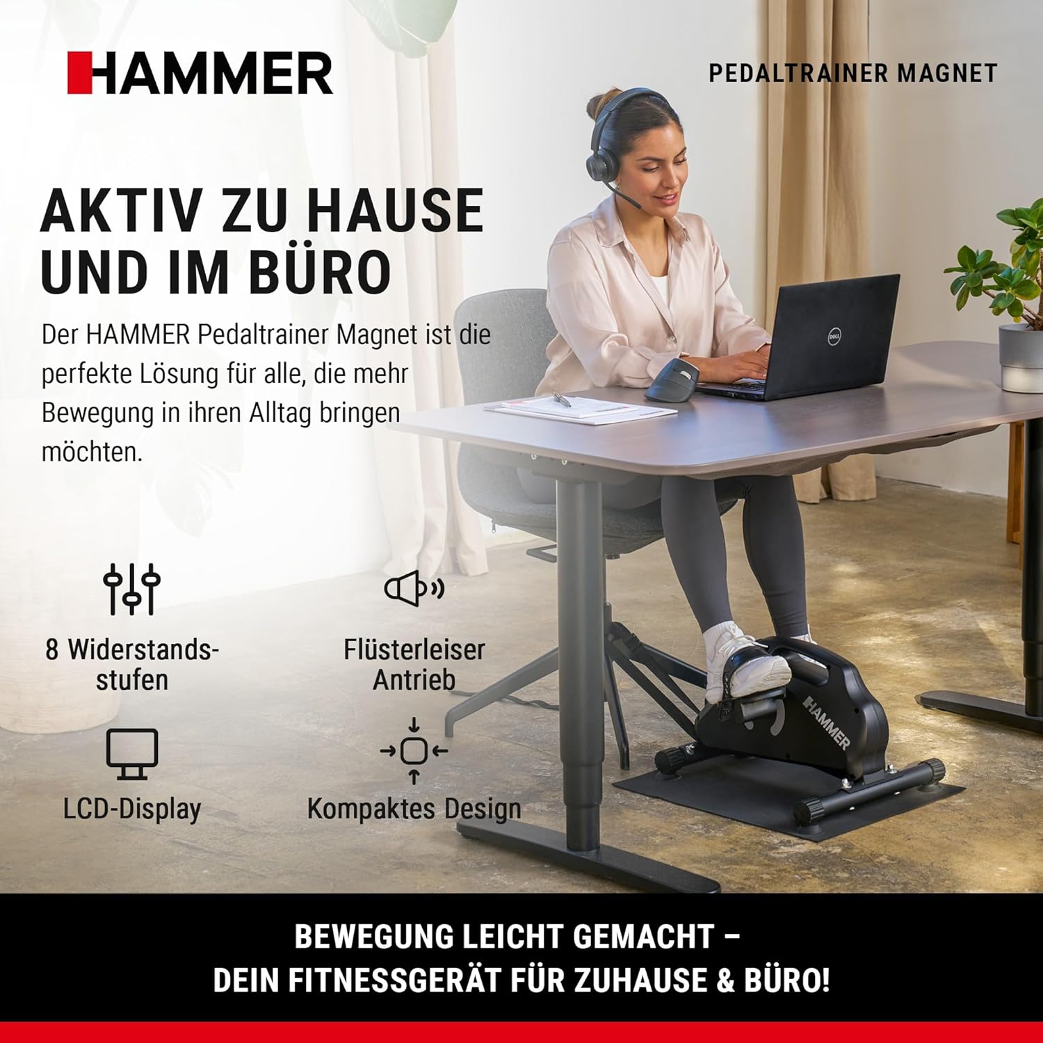 Hammerpedal-Trainer für Zuhause, magnetisch – leiser Mini-Heimtrainer mit Display, 8 Widerstandsstufen, inklusive rutschfester Matte, Sicherheitsgurt, Beintrainer zum Sitzen für Büro, Heimbüro und Senioren – Bild 2
